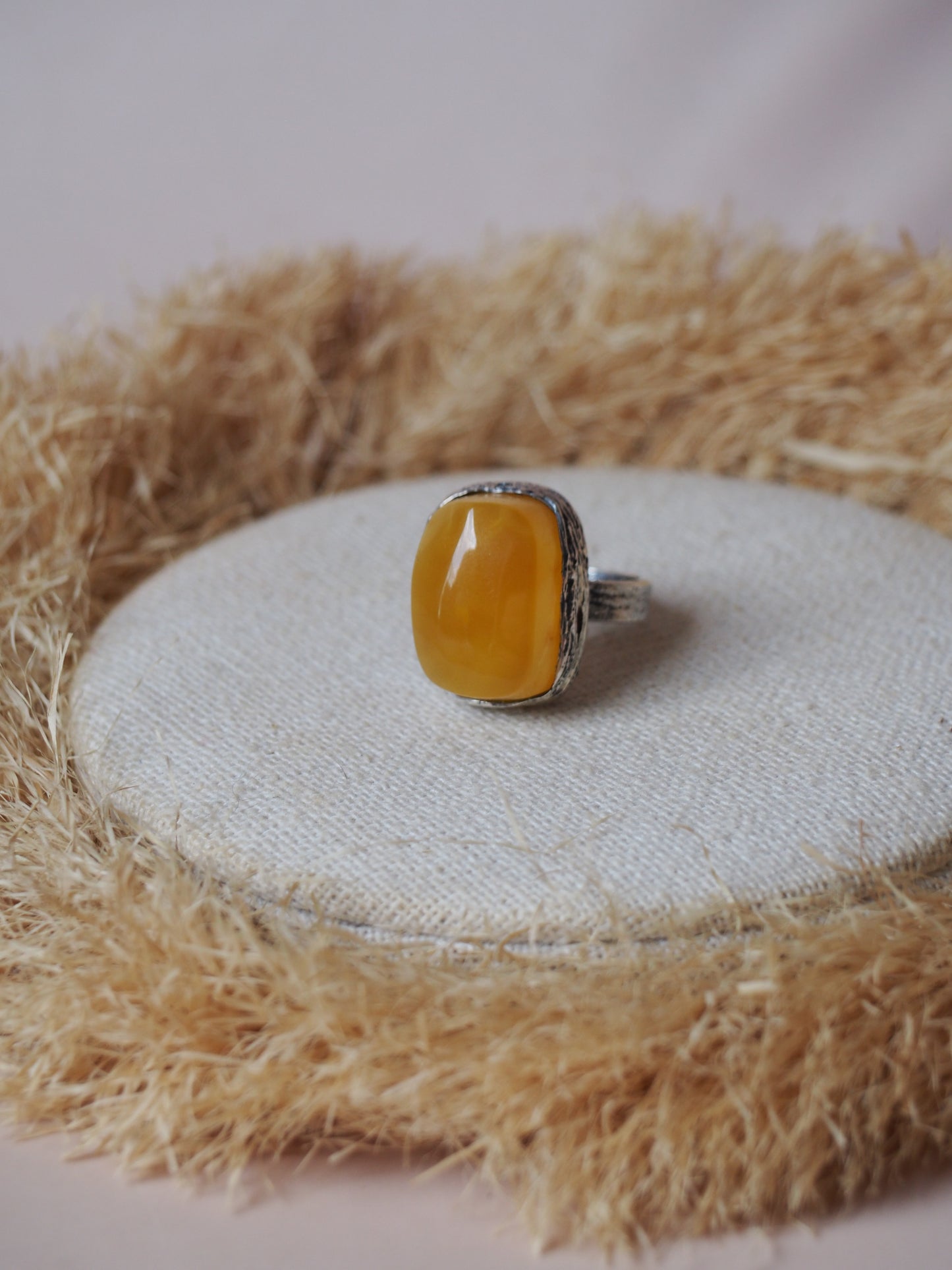 Natural Honey Amber Rectangular Ring in Silver