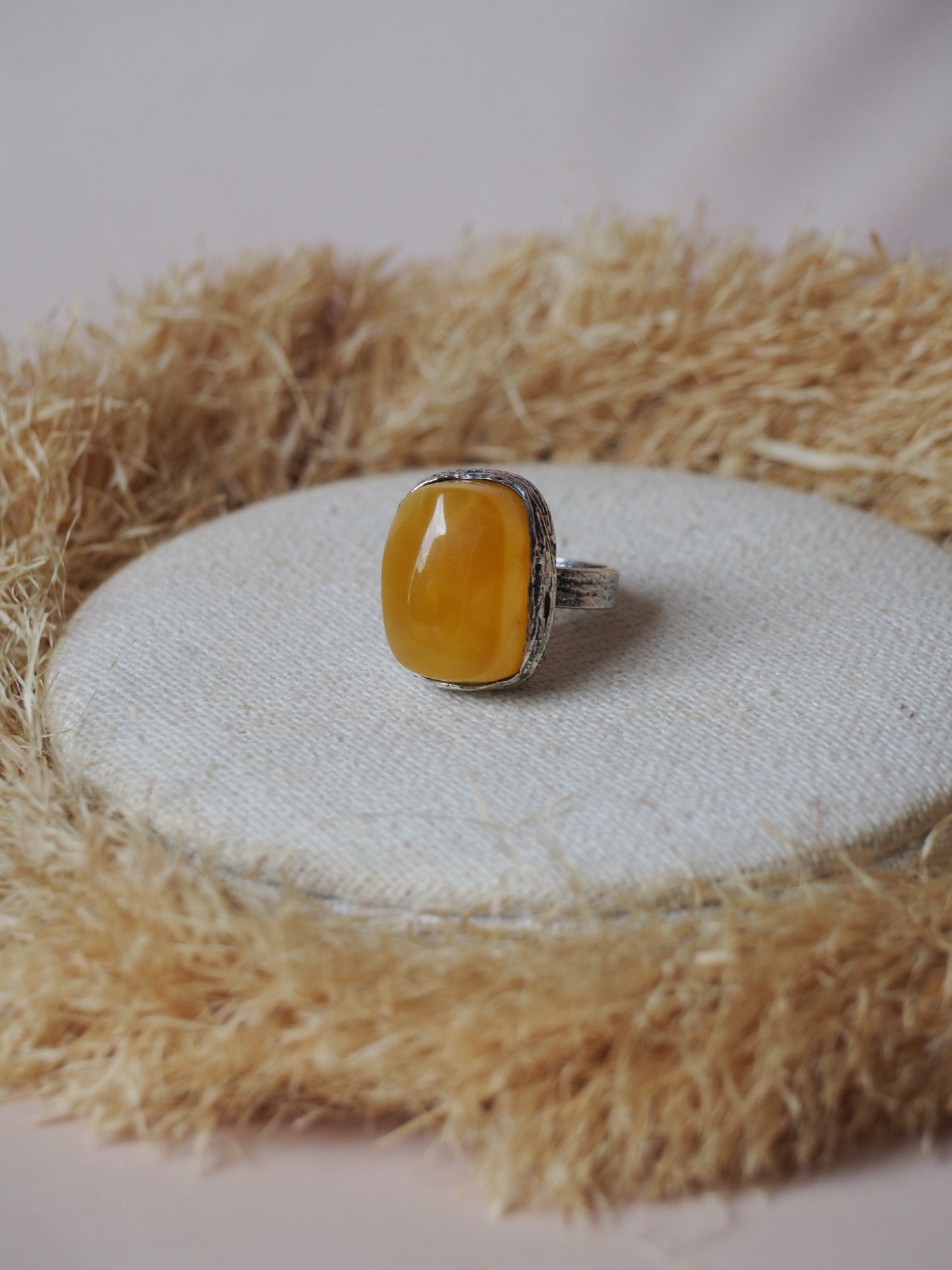 Natural Honey Amber Rectangular Ring in Silver