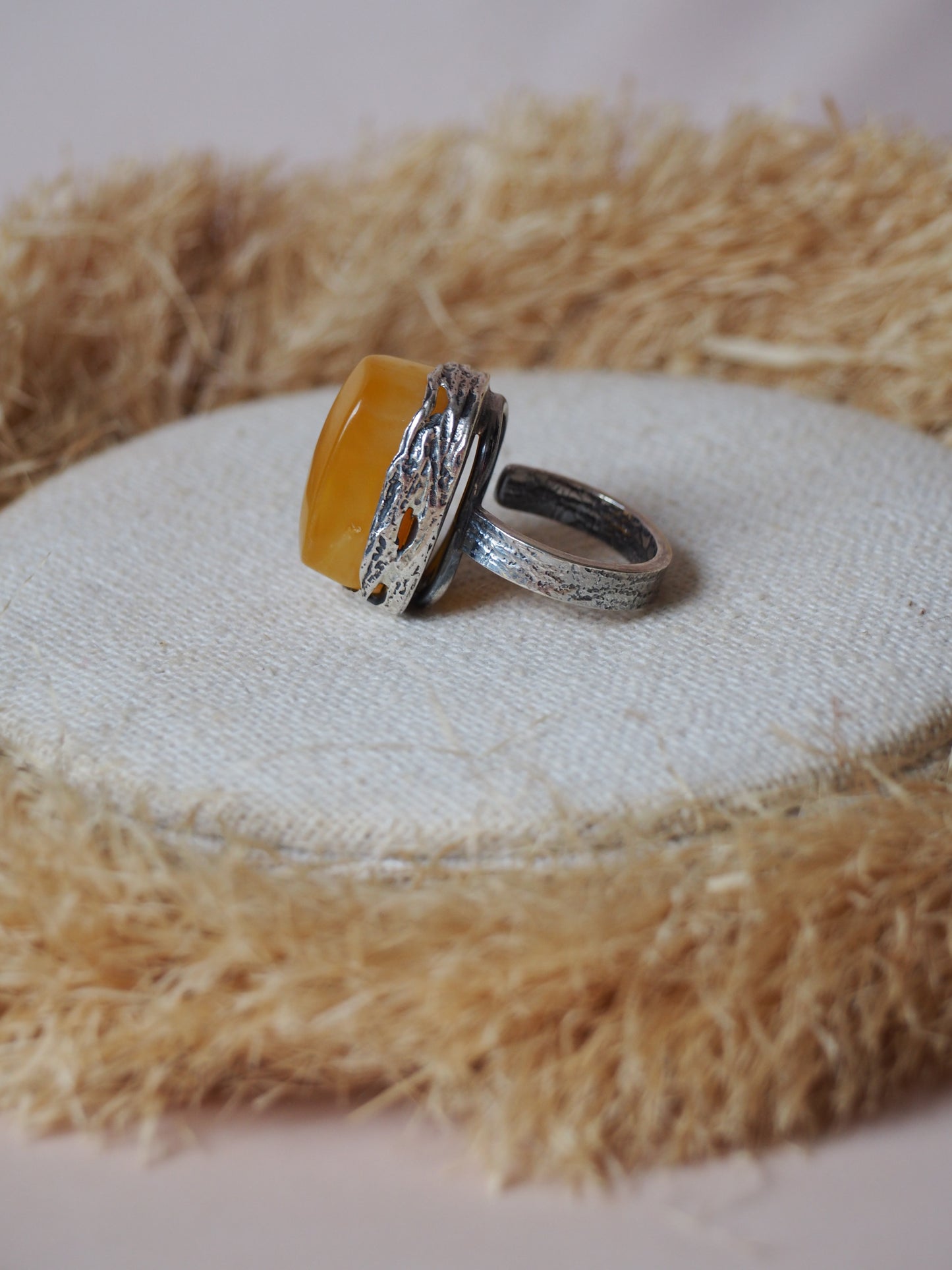 Natural Honey Amber Rectangular Ring in Silver