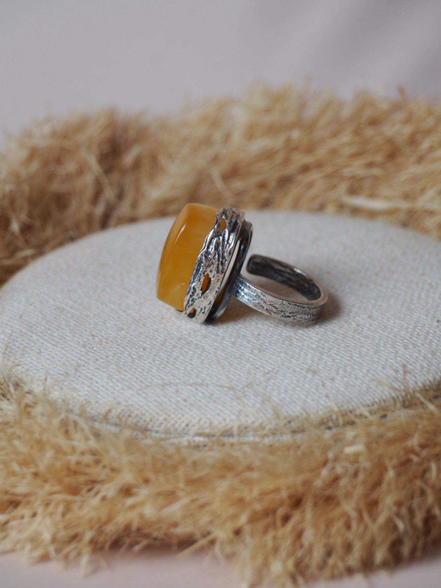 Natural Honey Amber Rectangular Ring in Silver