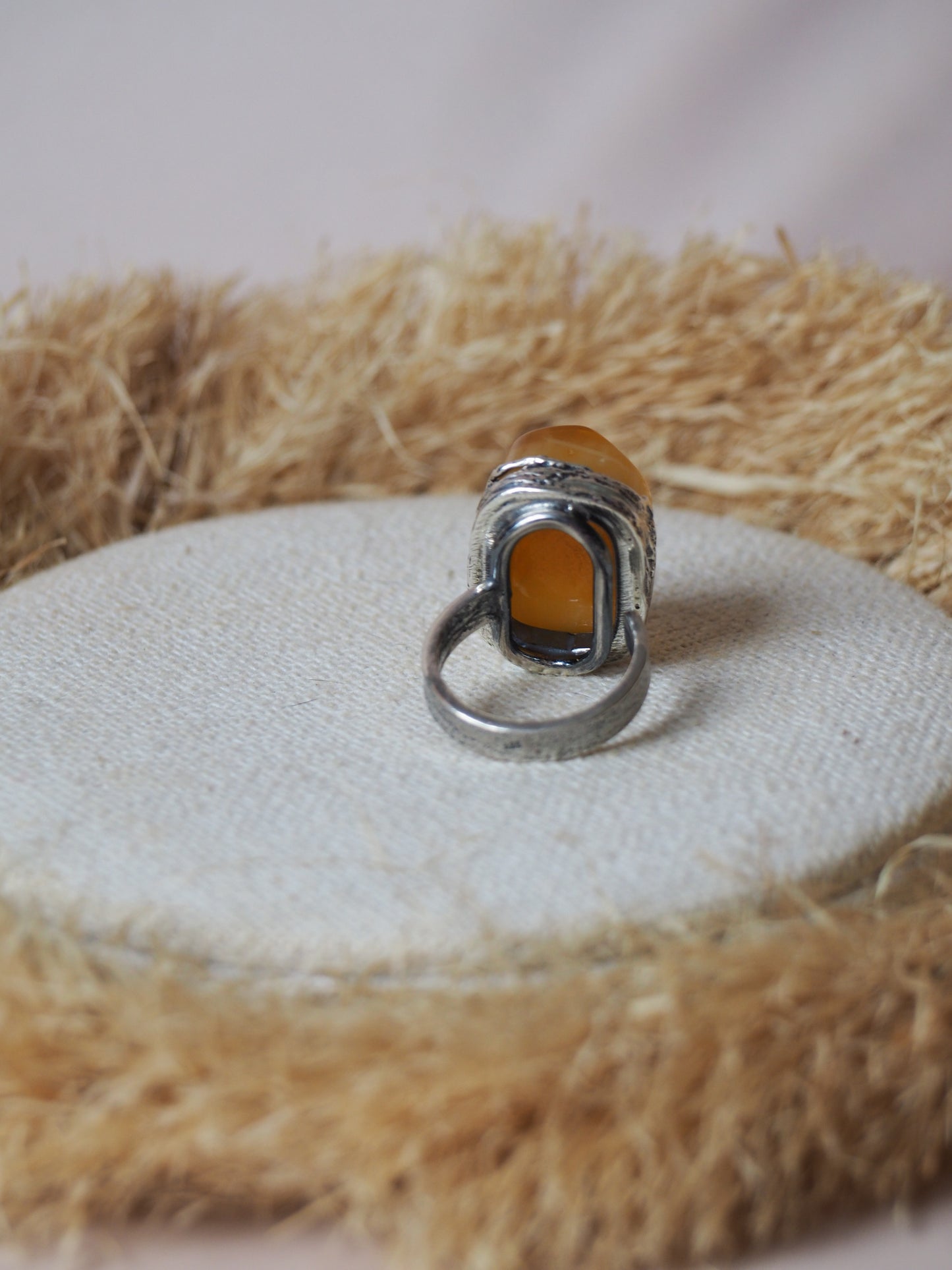 Natural Honey Amber Rectangular Ring in Silver
