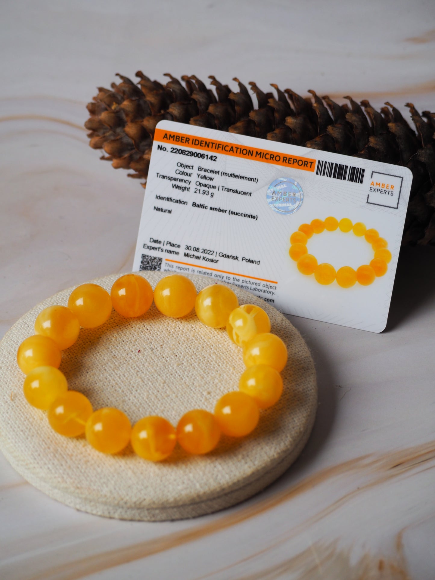 Natural Butterscotch/Honey Amber Beaded Bracelet 13,5mm + Certificate