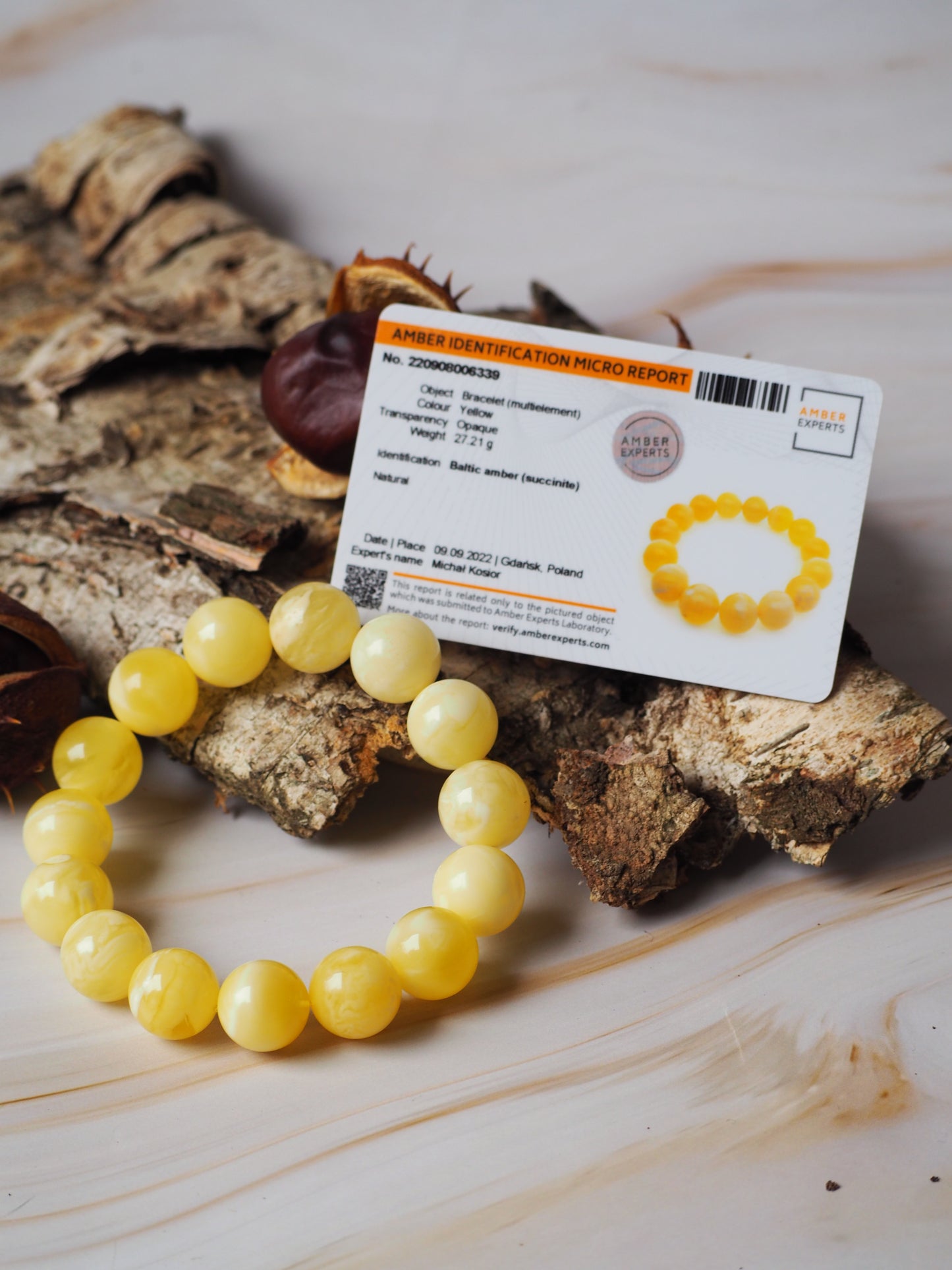 Milk/ Royal White Amber Natural Beaded Bracelet 14,8mm + Certificate