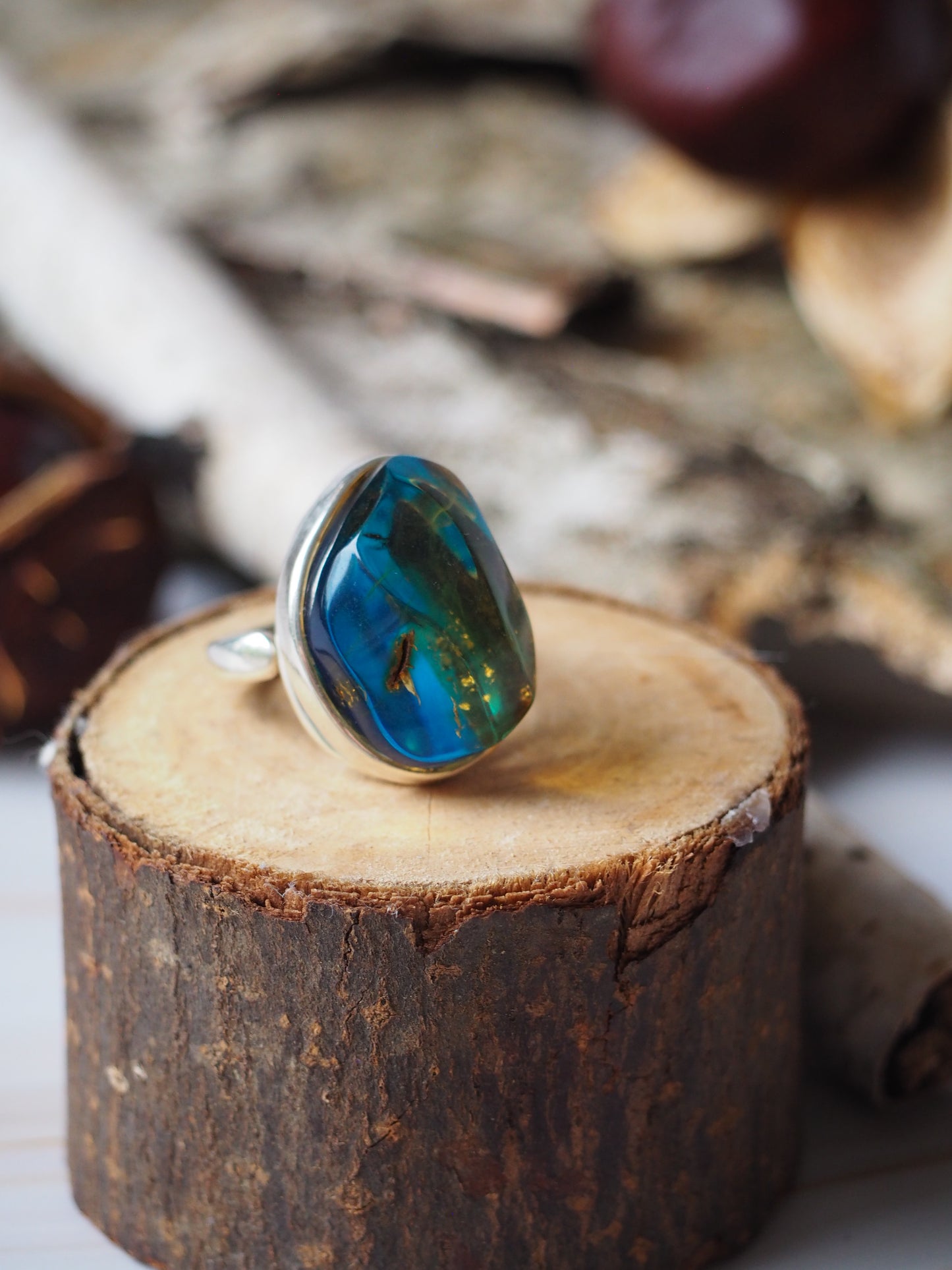 Unique Blue/ Citron Amber Ring with Insect (Ant) inclusion