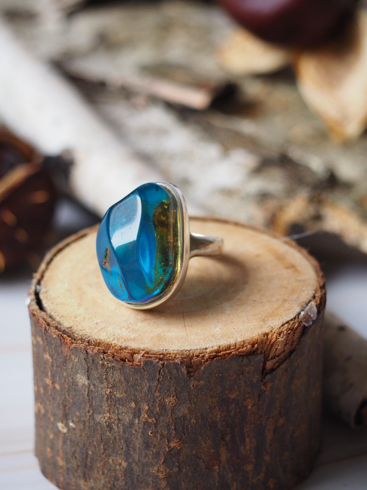 Unique Blue/ Citron Amber Ring with Insect (Ant) inclusion