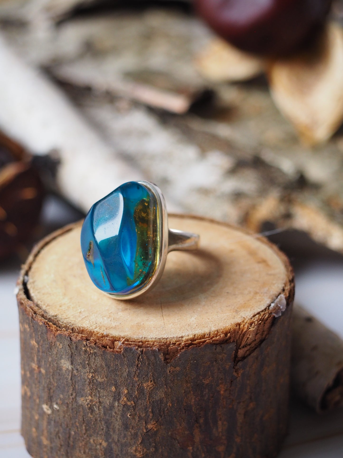 Unique Blue/ Citron Amber Ring with Insect (Ant) inclusion