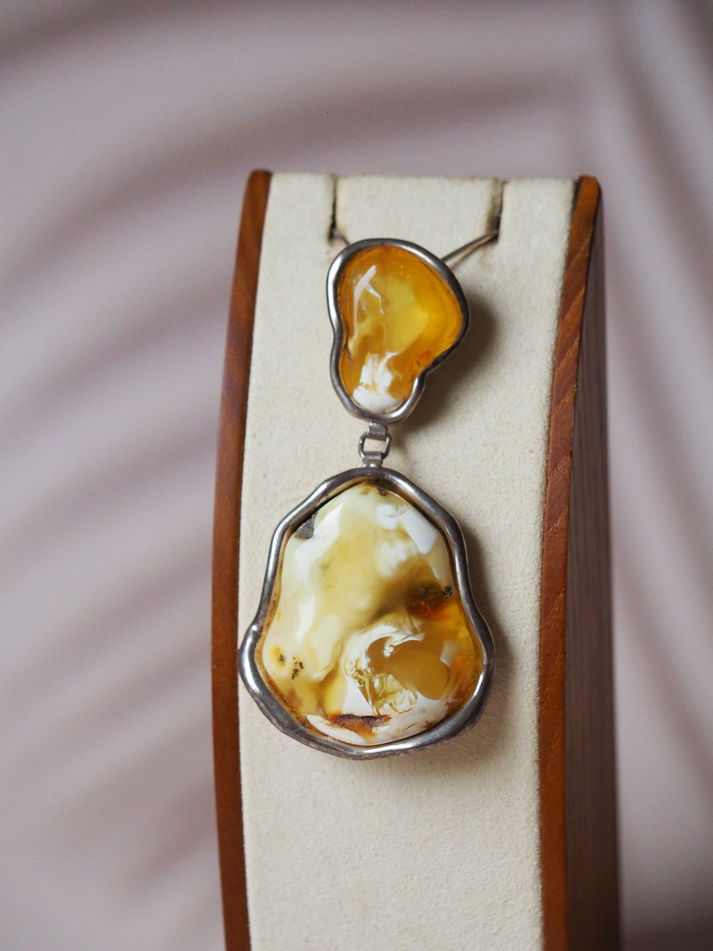 Huge Unique Natural Royal White/ Honey Amber Handmade Pendant in Silver