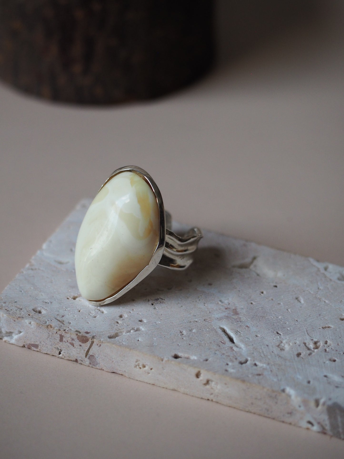 Natural Royal White Amber Oval Silver Ring
