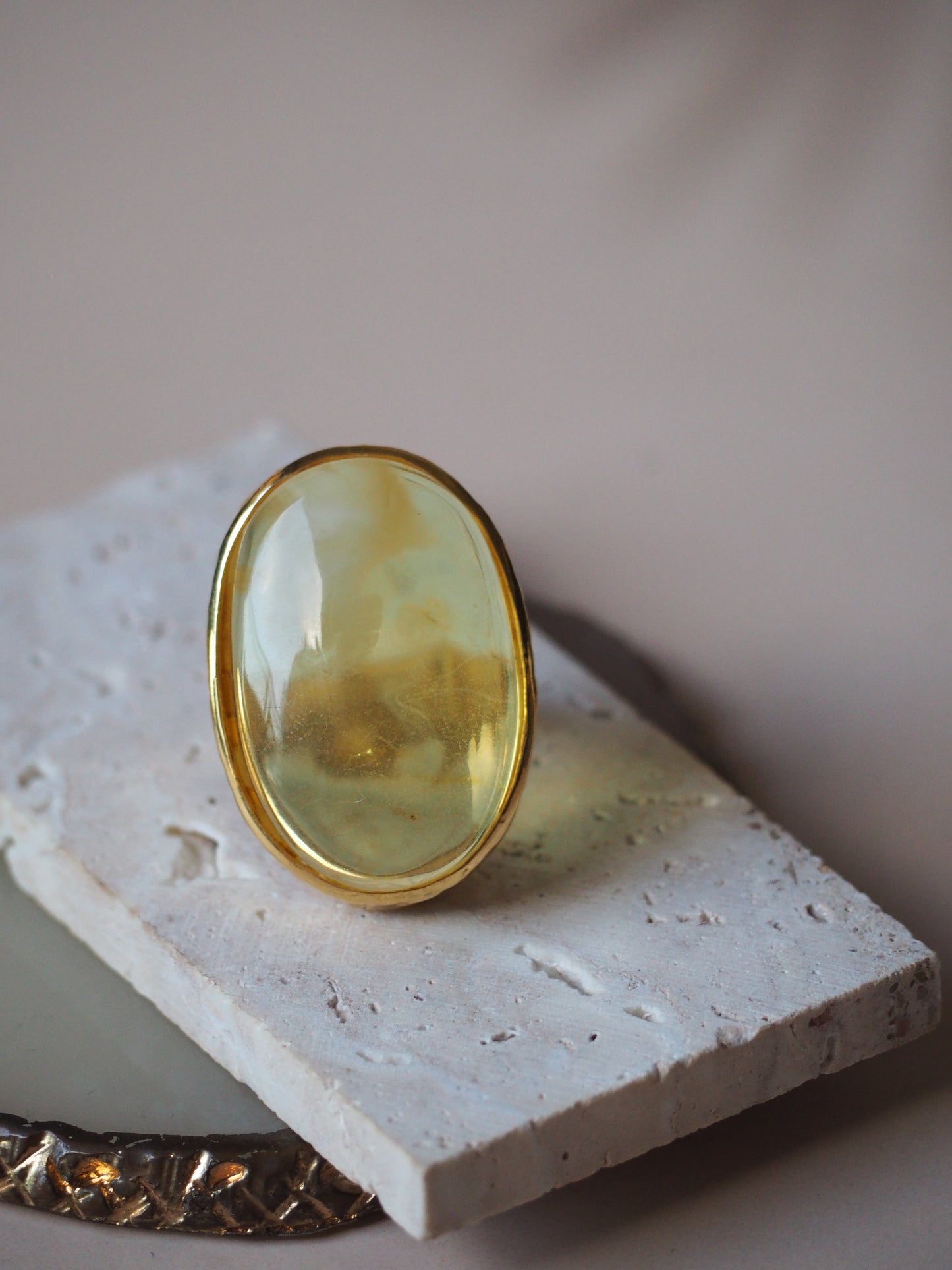 Unique Natural Citron/ Milk Amber Ring in Gold Pleated Silver