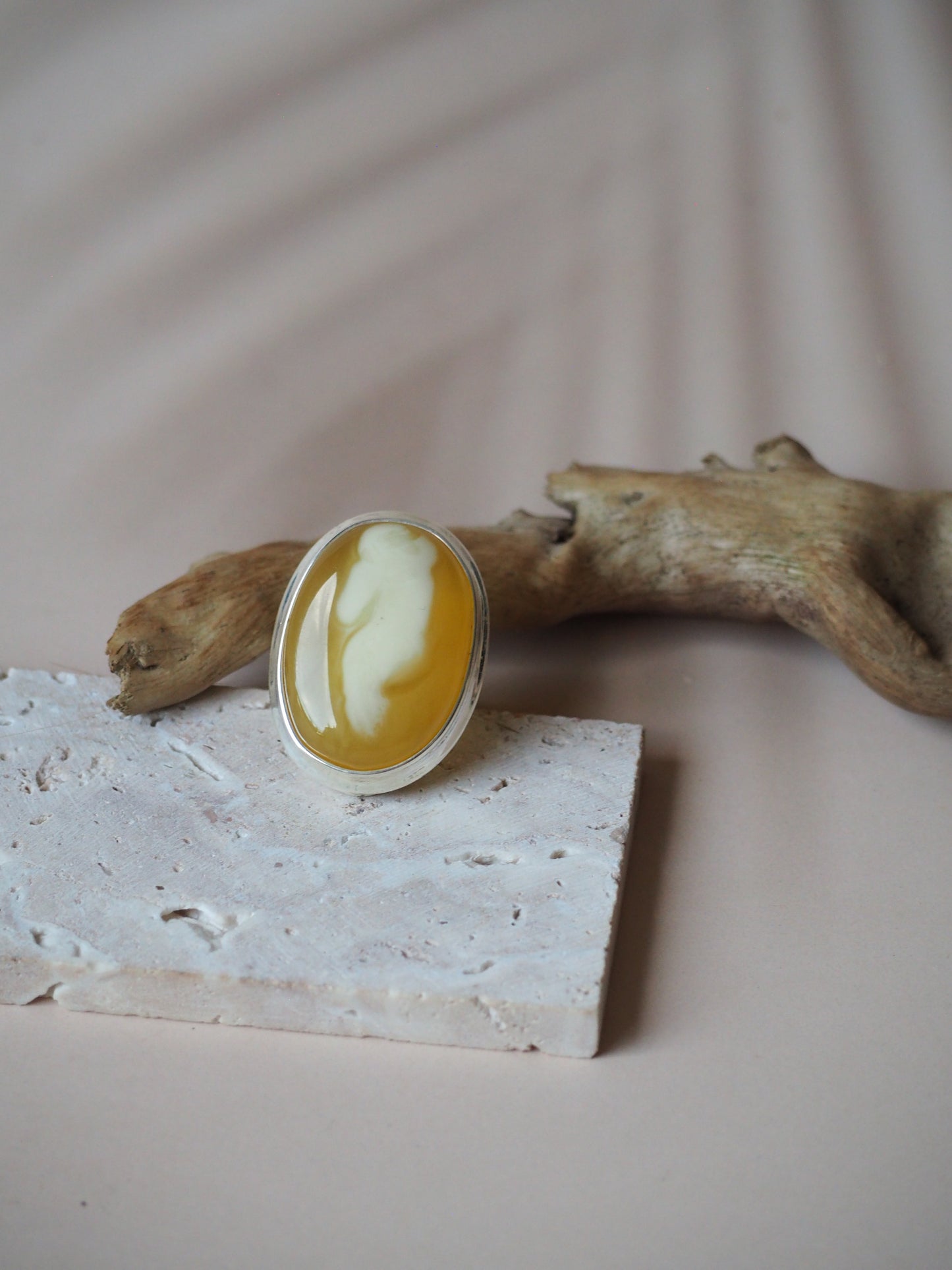 Natural Butterscotch & Royal White Amber Oval Silver Ring