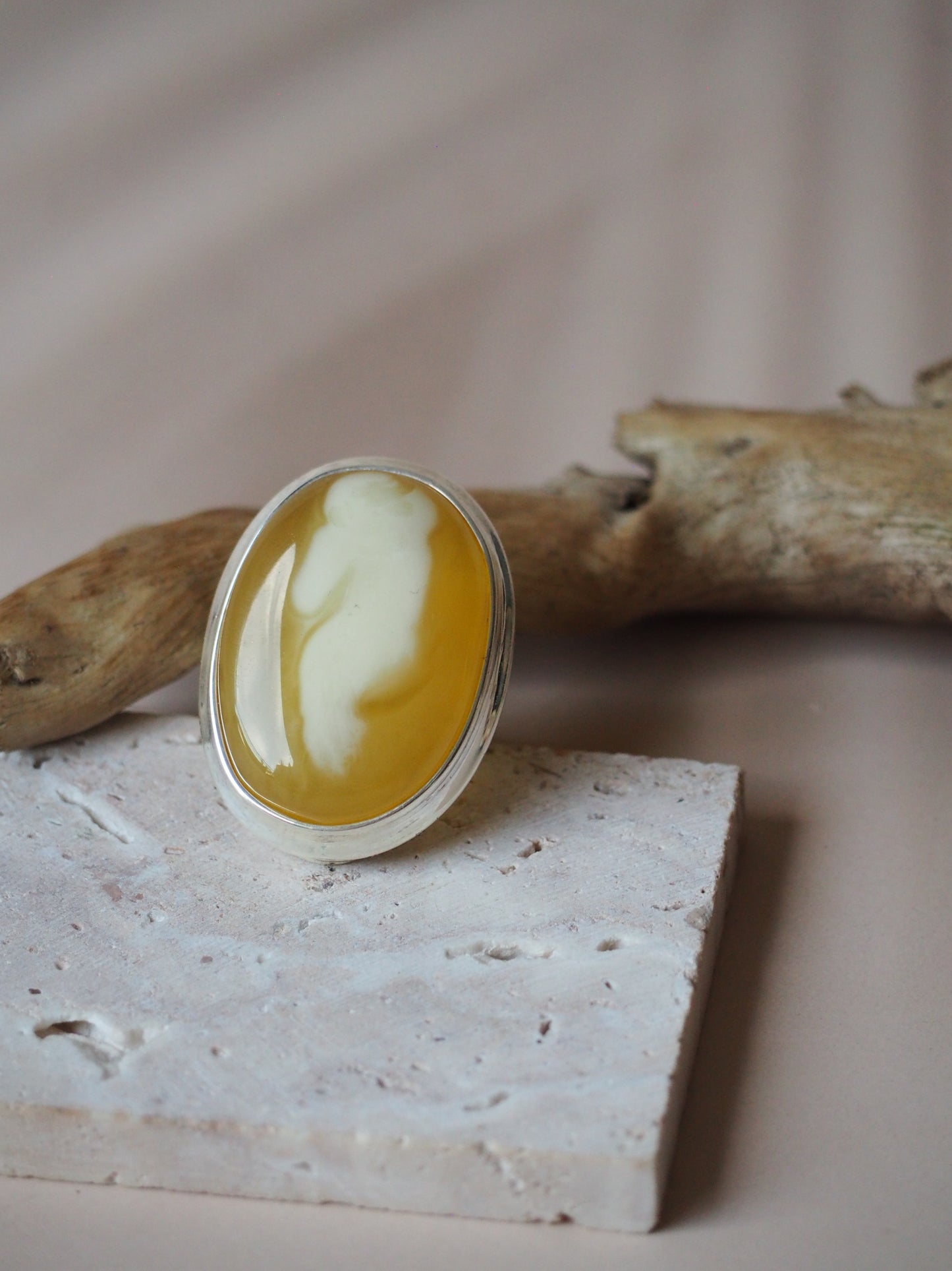 Natural Butterscotch & Royal White Amber Oval Silver Ring