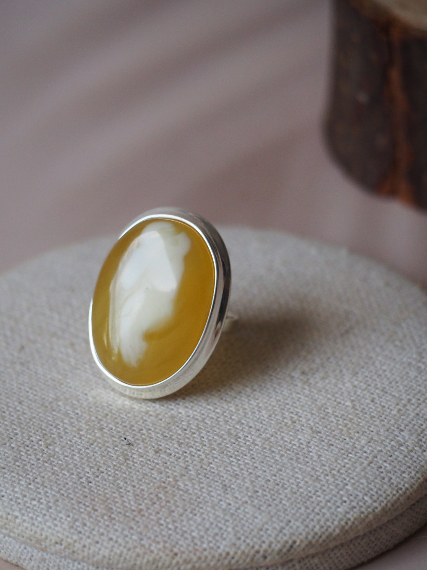 Natural Butterscotch & Royal White Amber Oval Silver Ring
