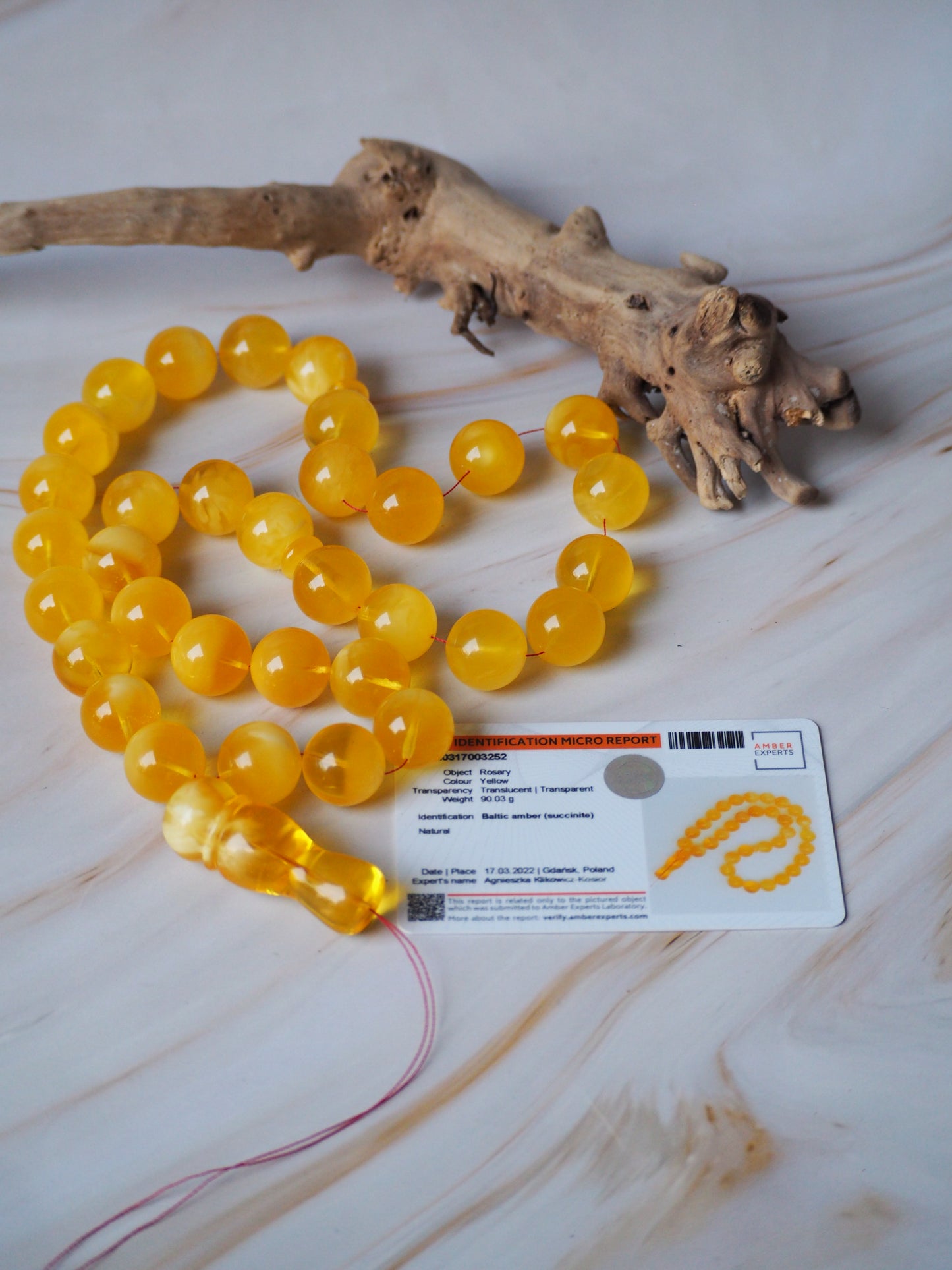 Natural Unheated Honey Amber Misbaha Prayer Beads 16,5mm + Certificate