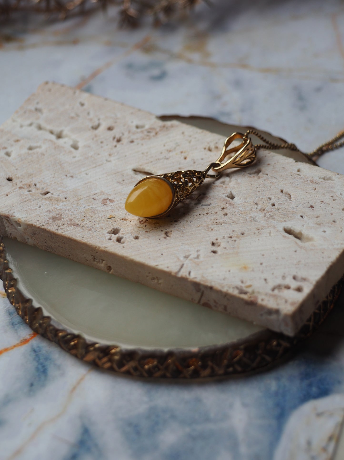 Moroccan Style Honey Amber Pendant in Gold Plated Silver