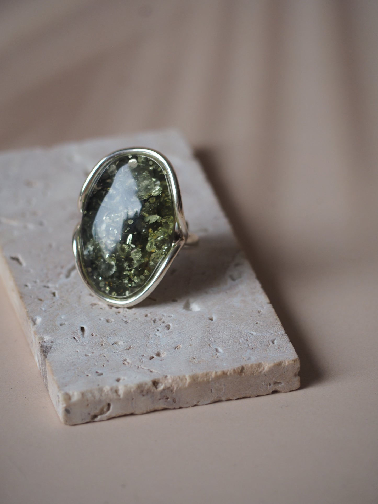 Green Amber Silver Ring