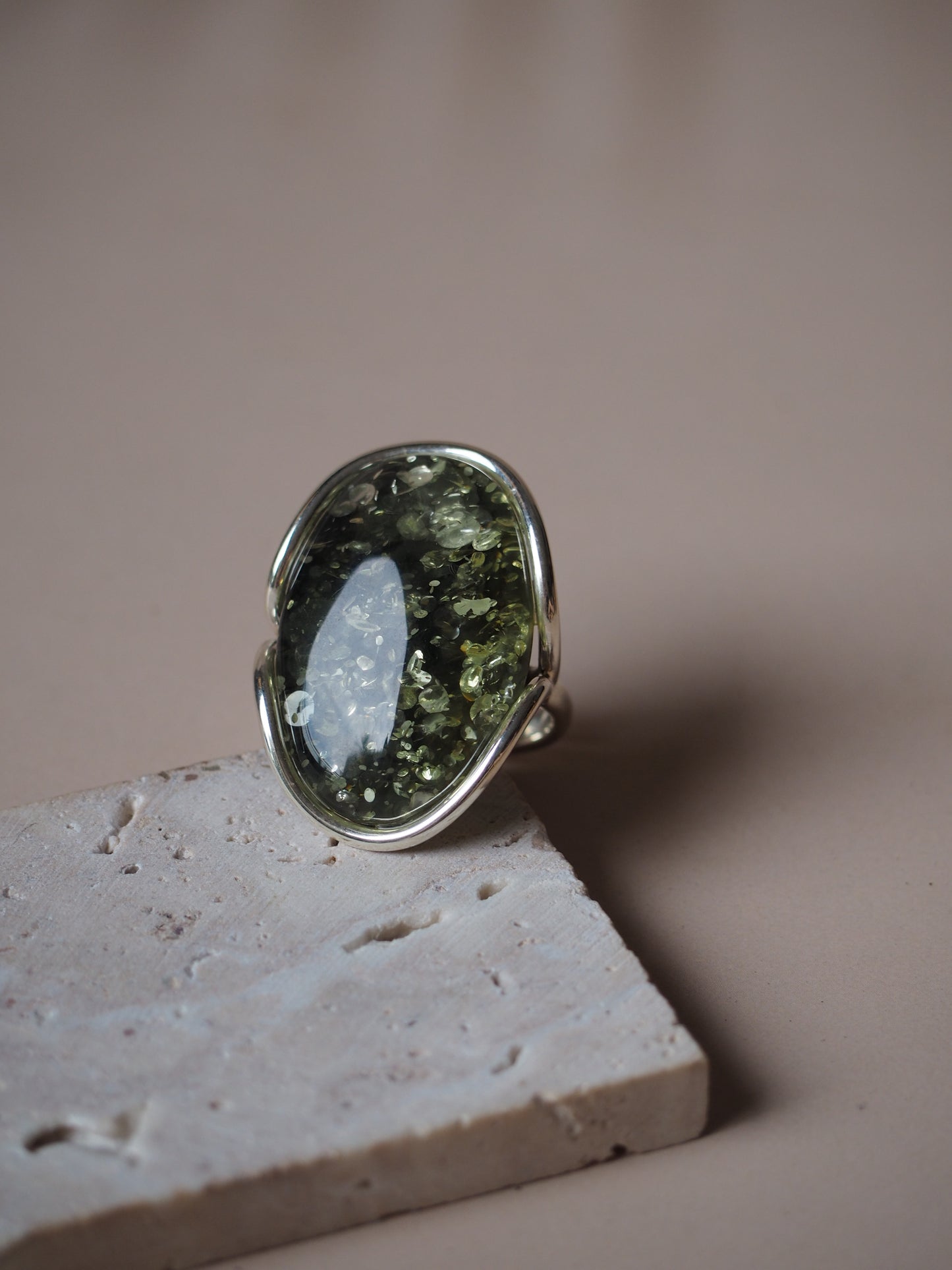 Green Amber Silver Ring