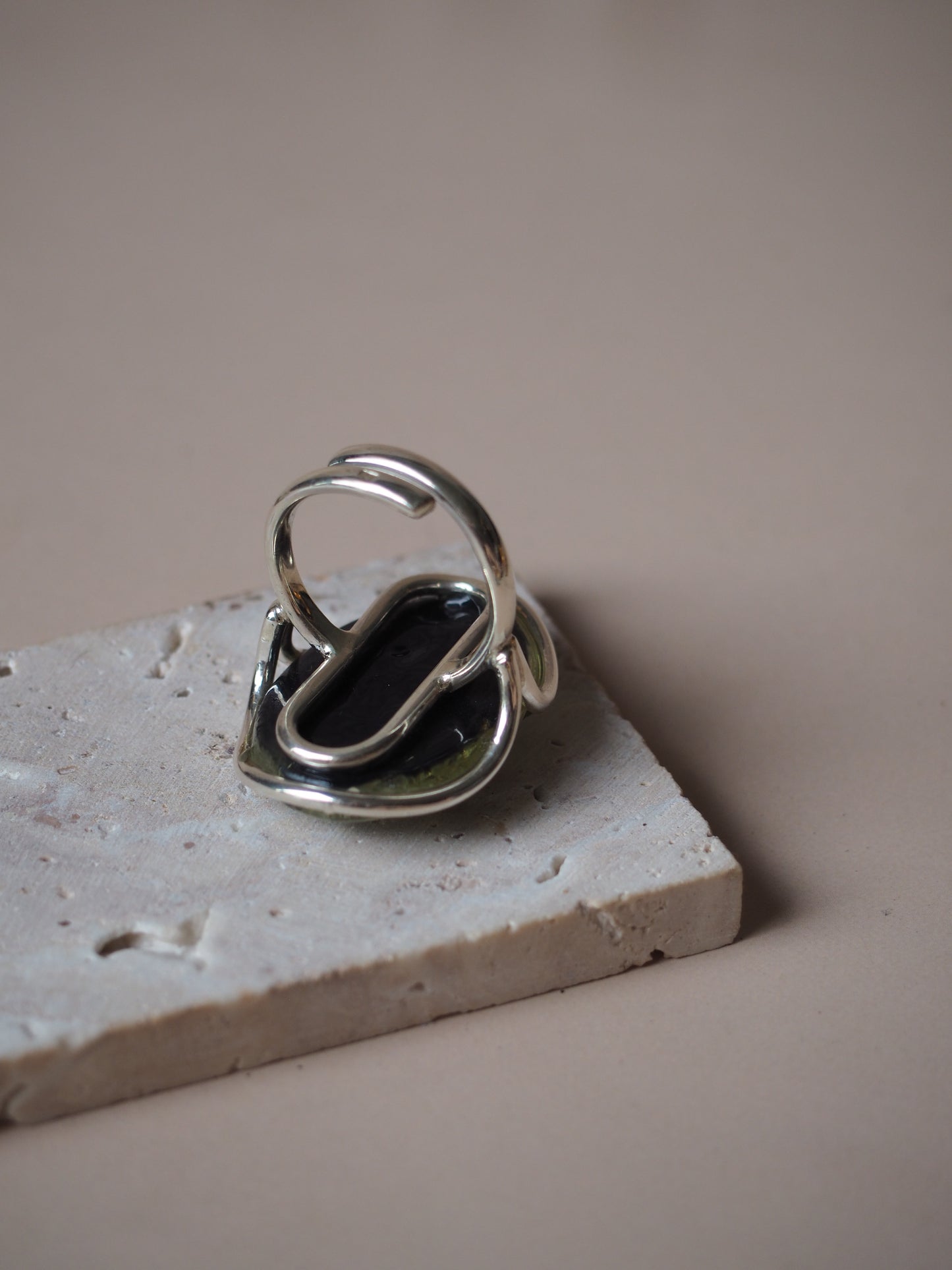 Green Amber Silver Ring
