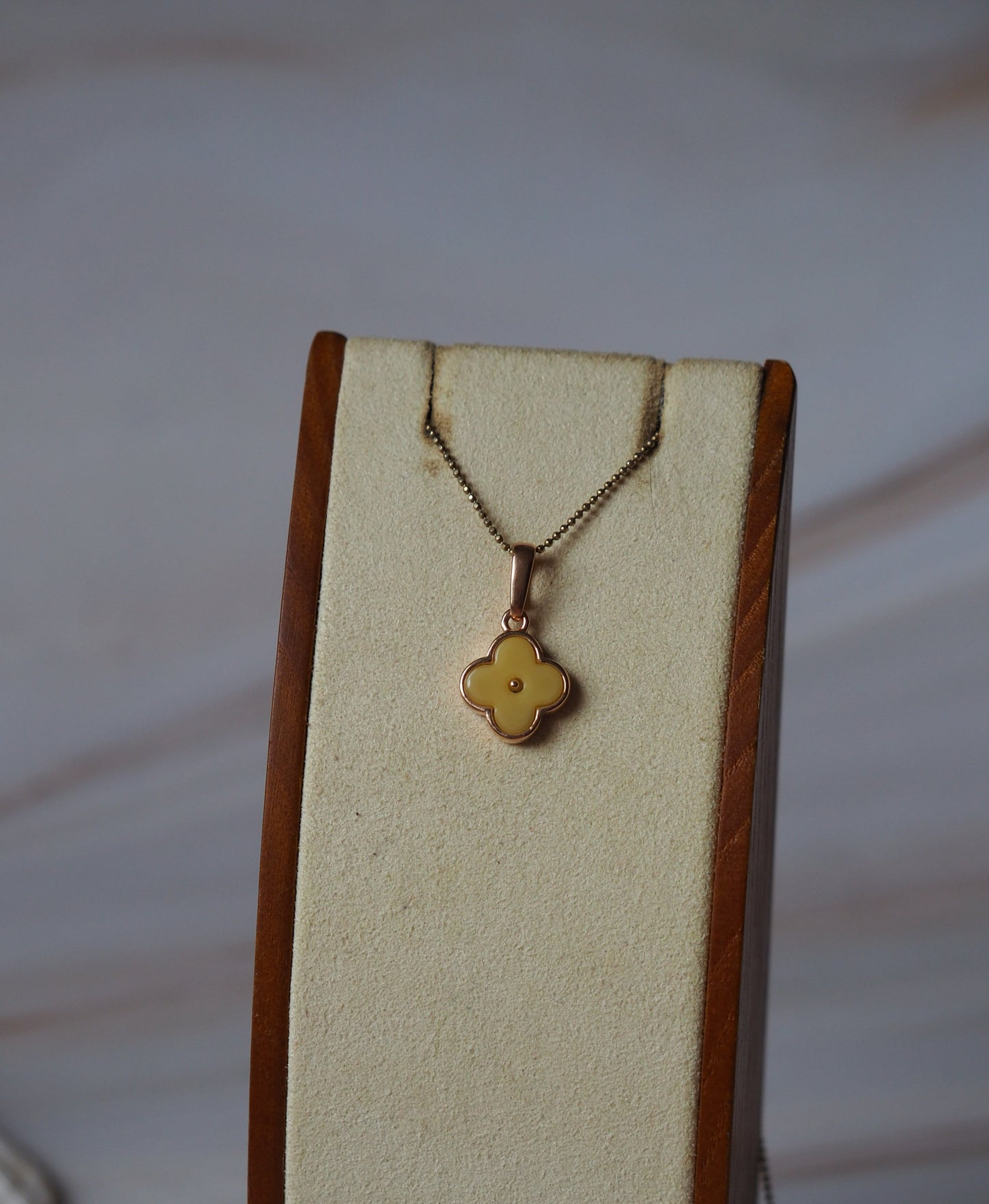 Clover Butterscotch Amber Charm in Delicate Rose Gold Pleated Silver 925