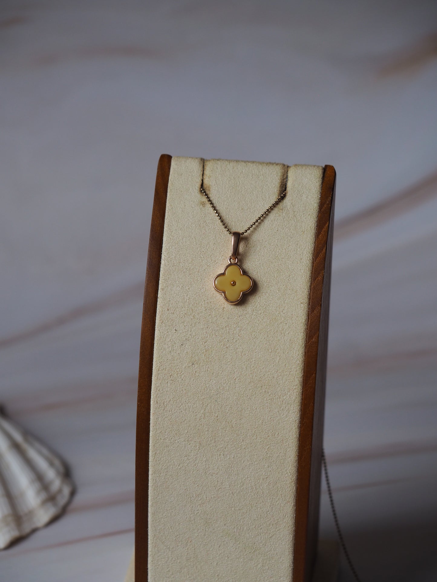 Clover Butterscotch Amber Charm in Delicate Rose Gold Pleated Silver 925