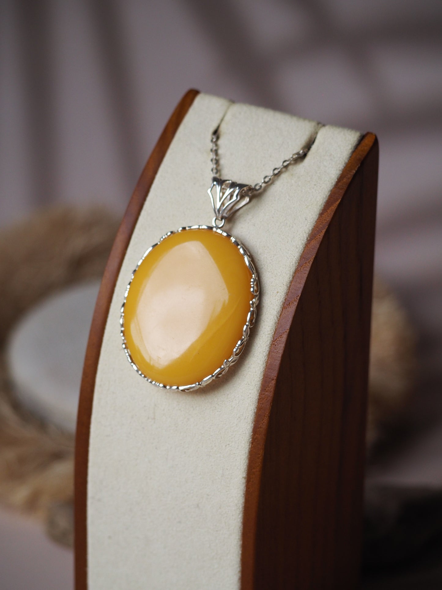 Round Natural Butterscotch Amber Pendant in Silver