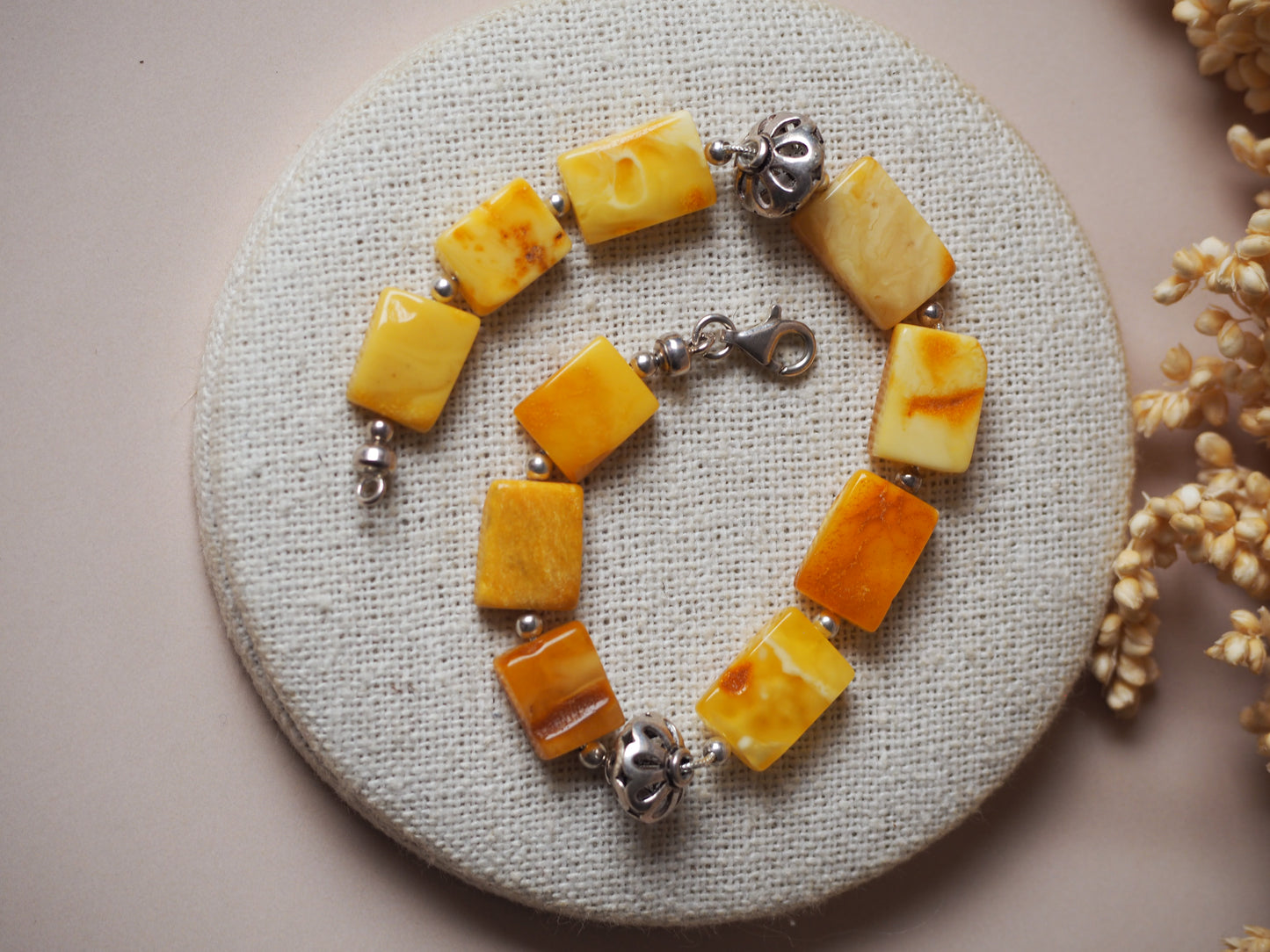 Natural/ Raw Butterscotch & Honey Amber Bracelet with Silver Embellishments