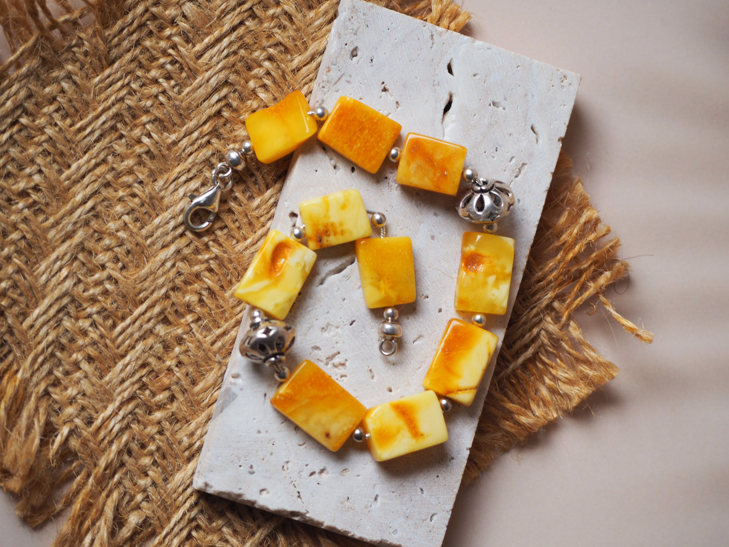 Natural/ Raw Butterscotch & Honey Amber Bracelet with Silver Embellishments