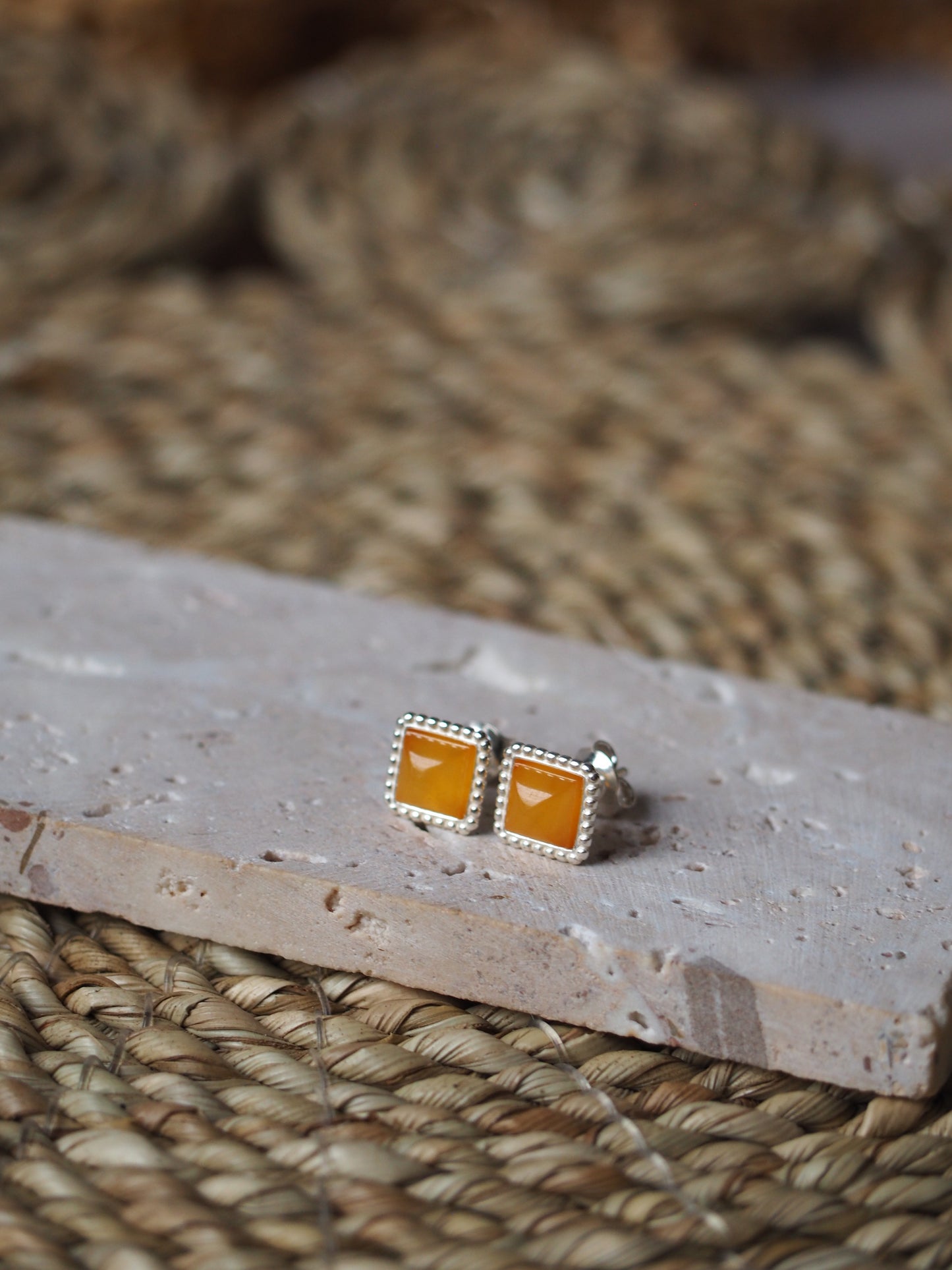 Minimalistic Square Butterscotch/ Honey Amber Silver Stud Earrings