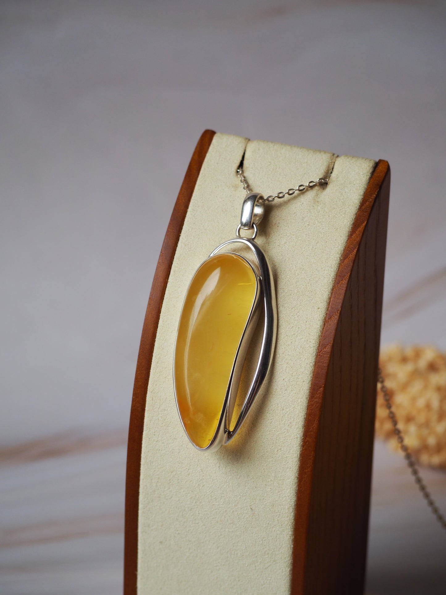Long Butterscotch Amber Pendant in Silver