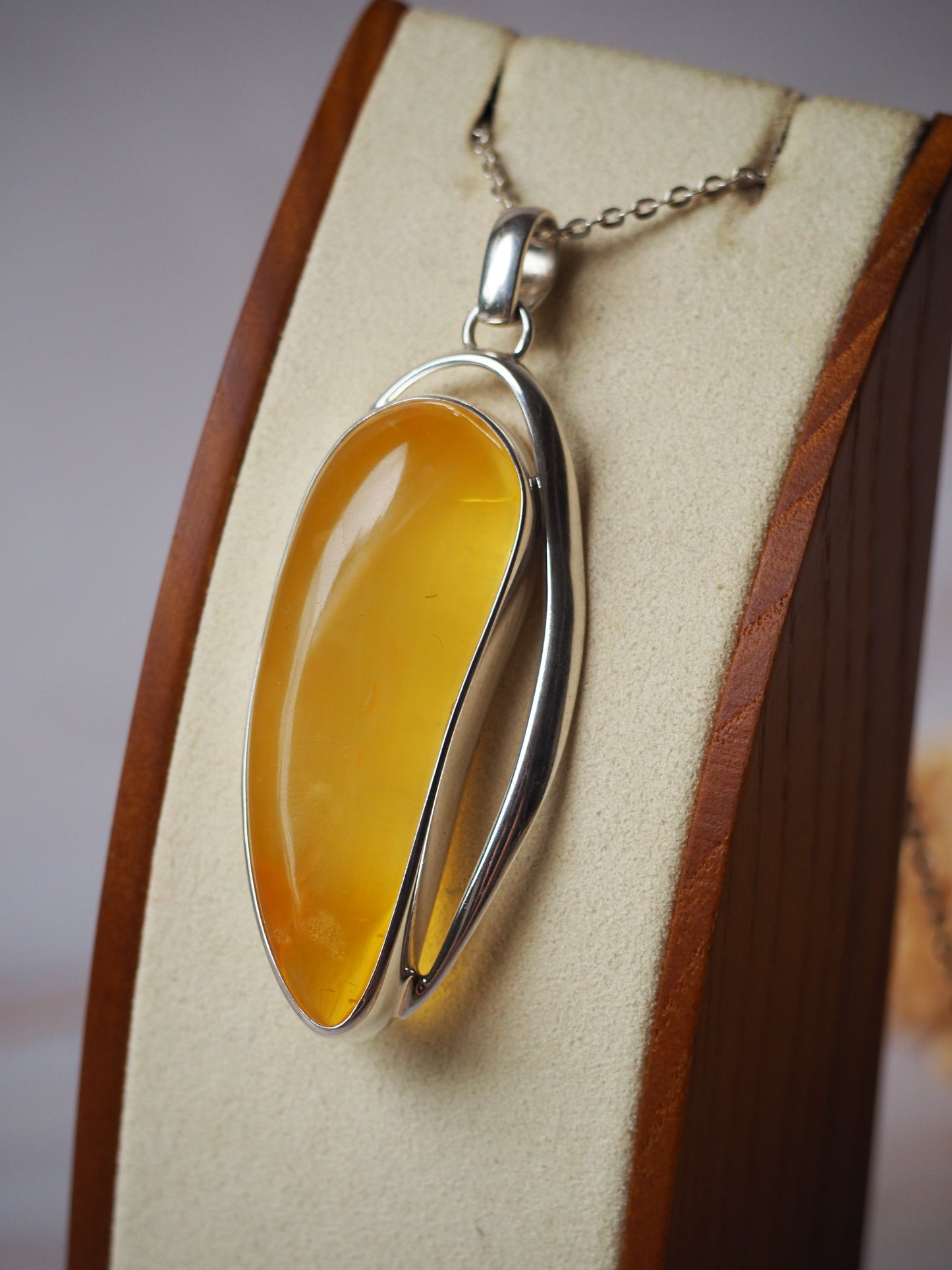 Long Butterscotch Amber Pendant in Silver