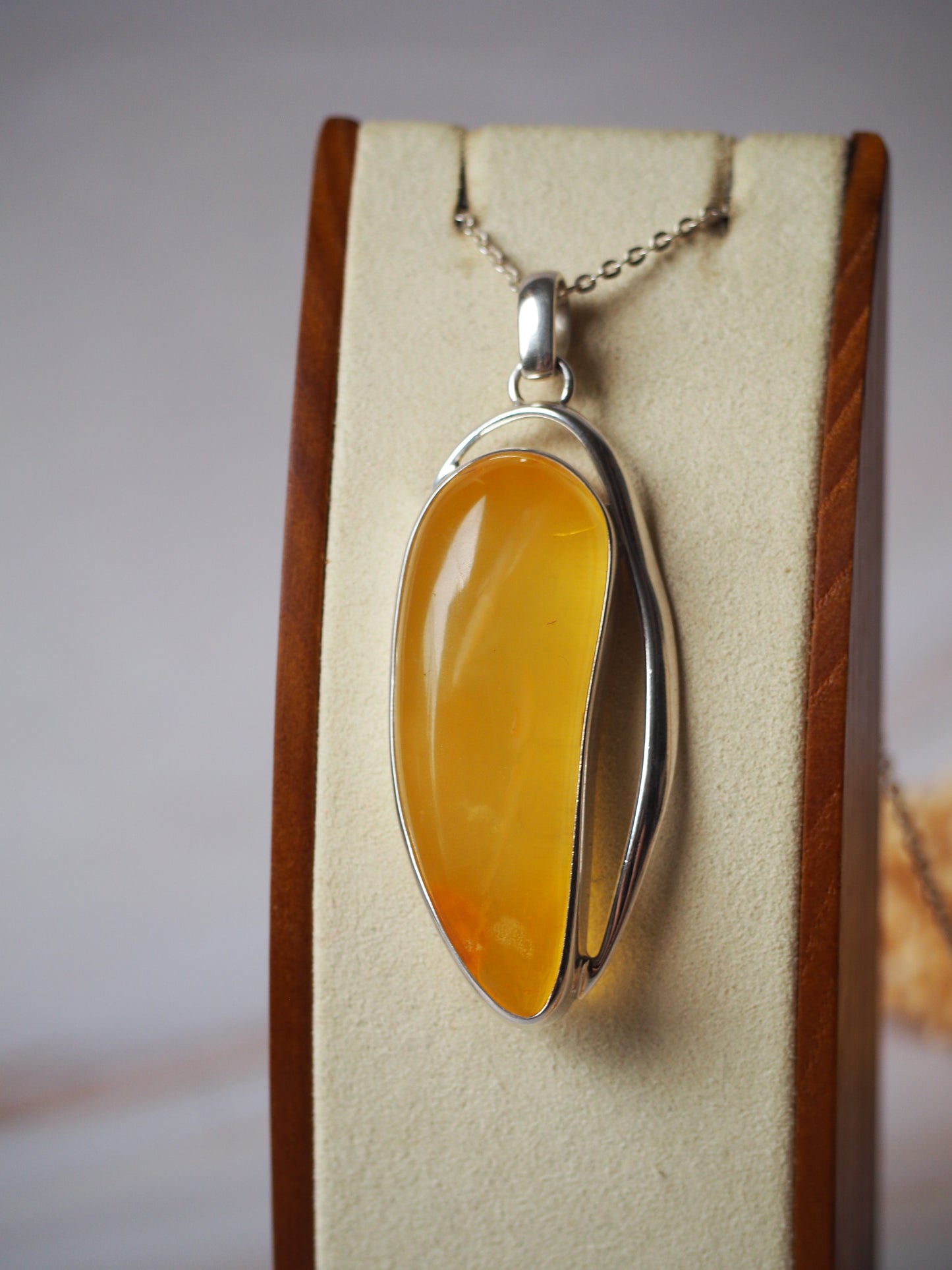 Long Butterscotch Amber Pendant in Silver
