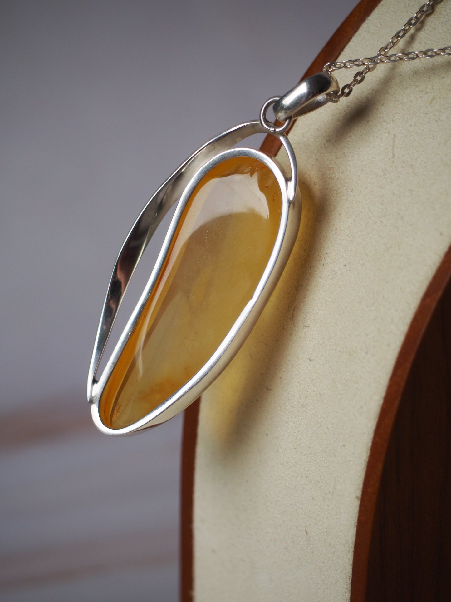 Long Butterscotch Amber Pendant in Silver
