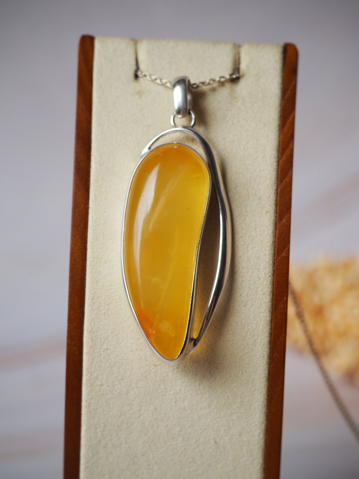 Long Butterscotch Amber Pendant in Silver