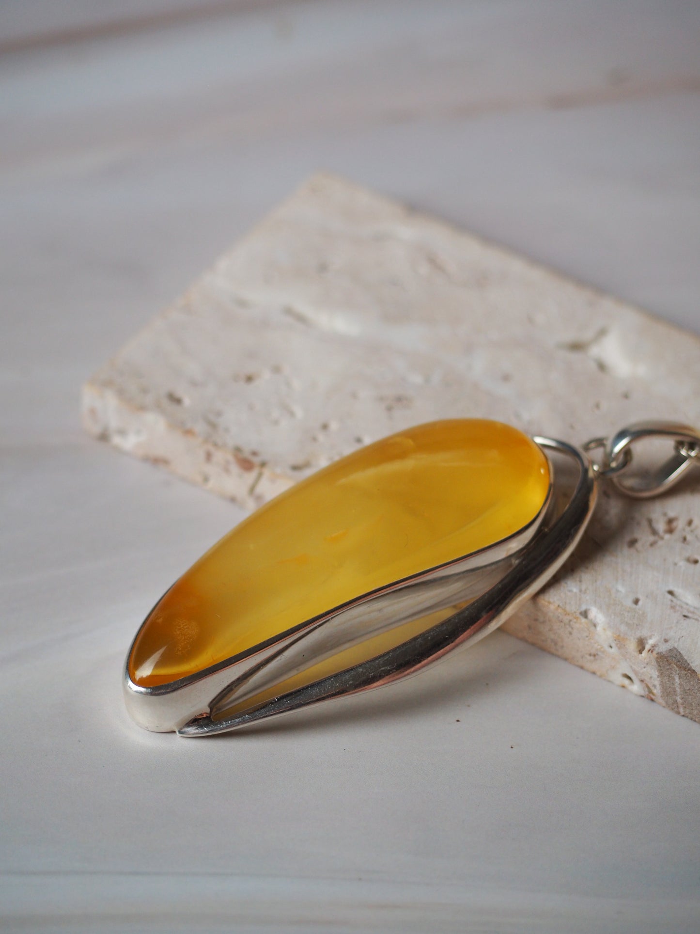 Long Butterscotch Amber Pendant in Silver