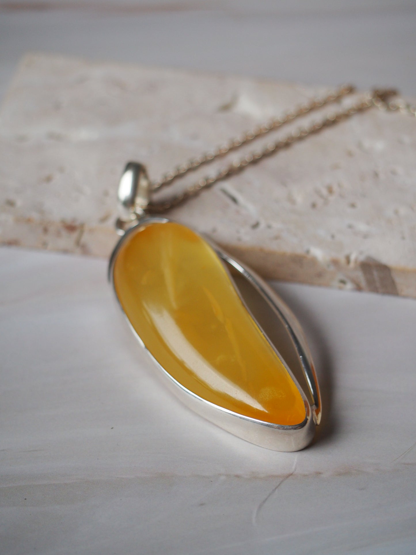 Long Butterscotch Amber Pendant in Silver