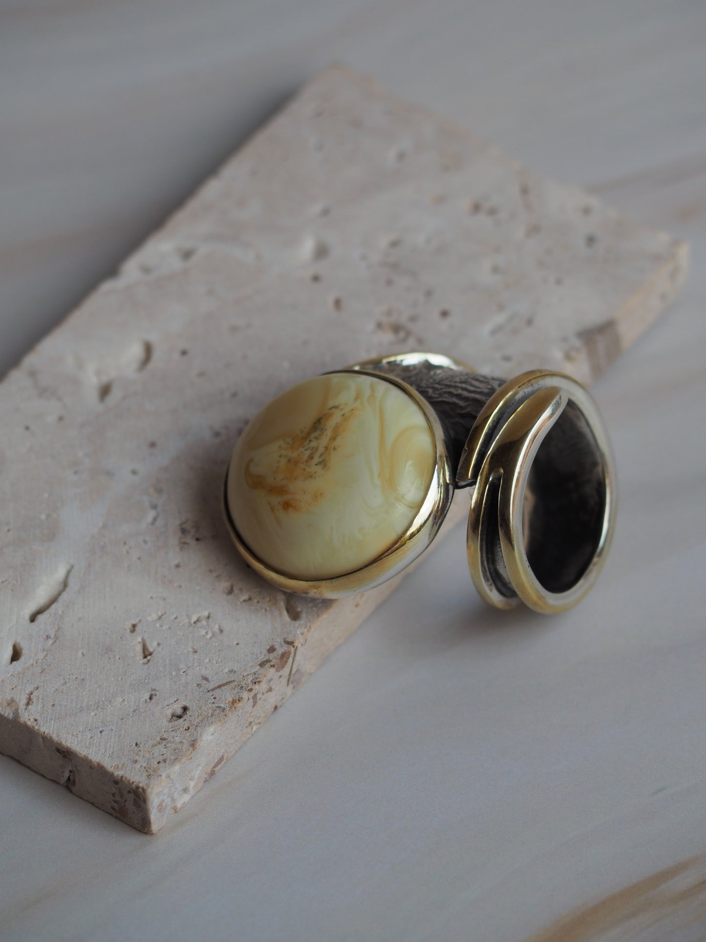 Unique White/ Milk Amber Big Silver/ Gold Pleated Ring