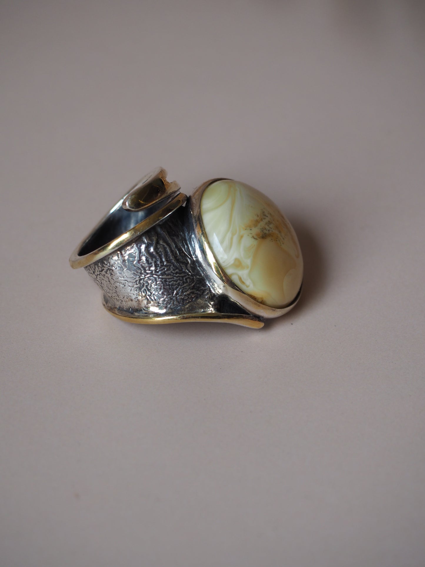 Unique White/ Milk Amber Big Silver/ Gold Pleated Ring
