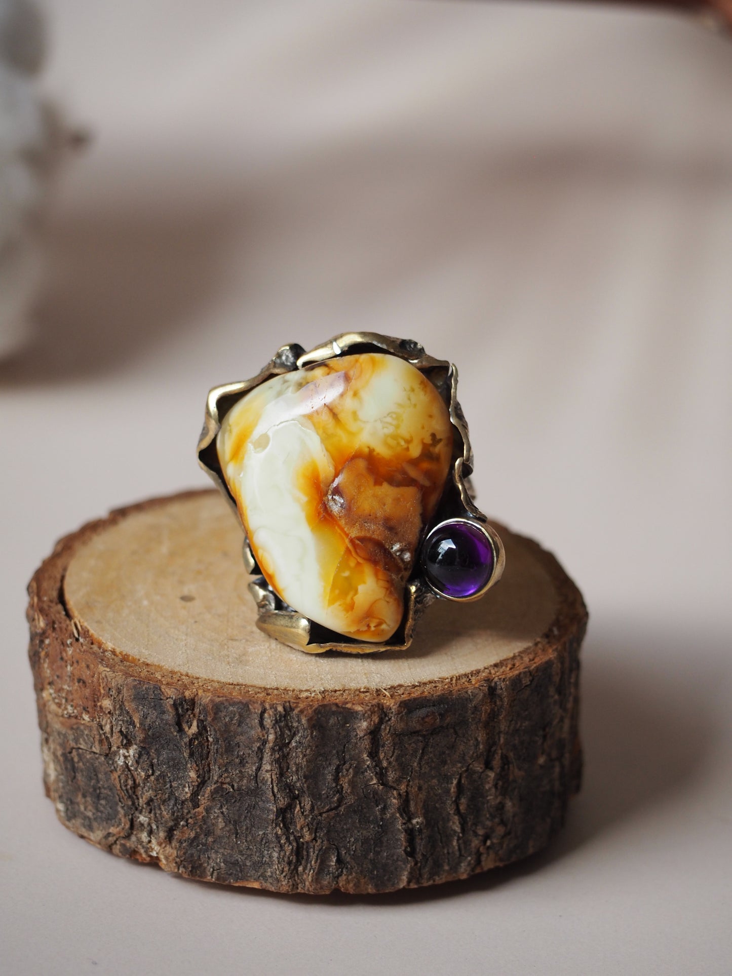 Big Natural White Amber Ring with Antique Silver