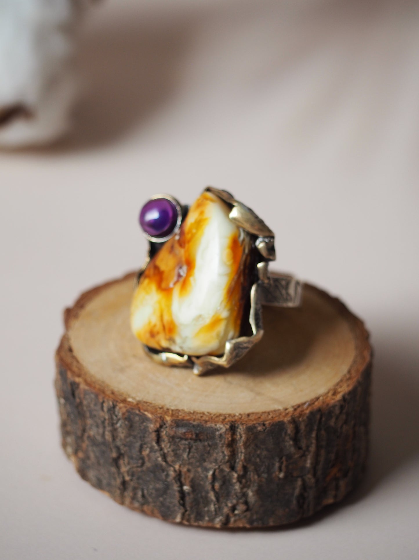 Big Natural White Amber Ring with Antique Silver