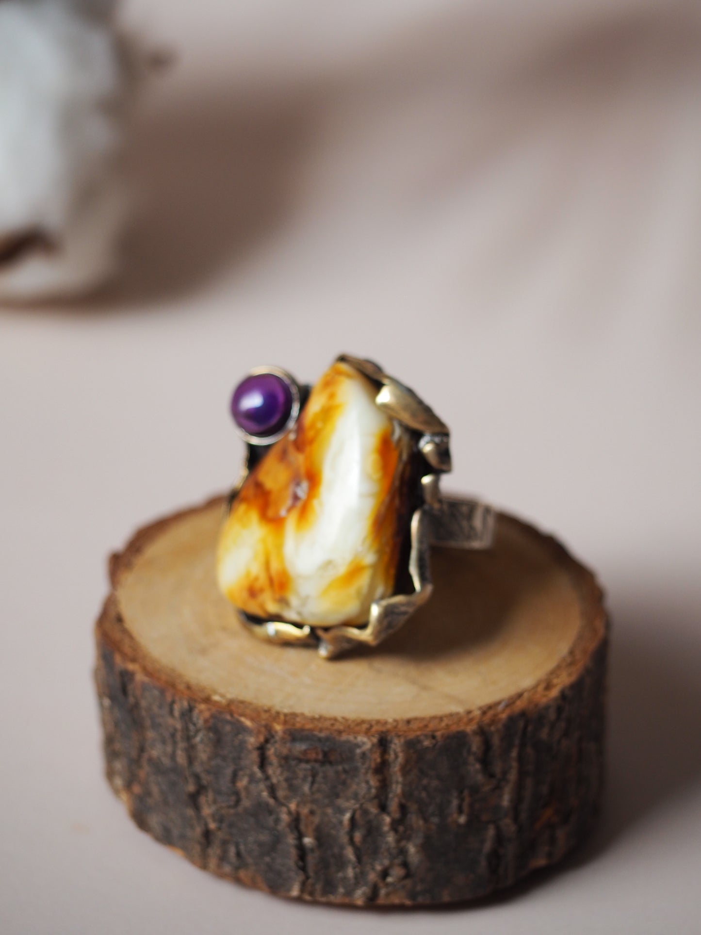 Big Natural White Amber Ring with Antique Silver