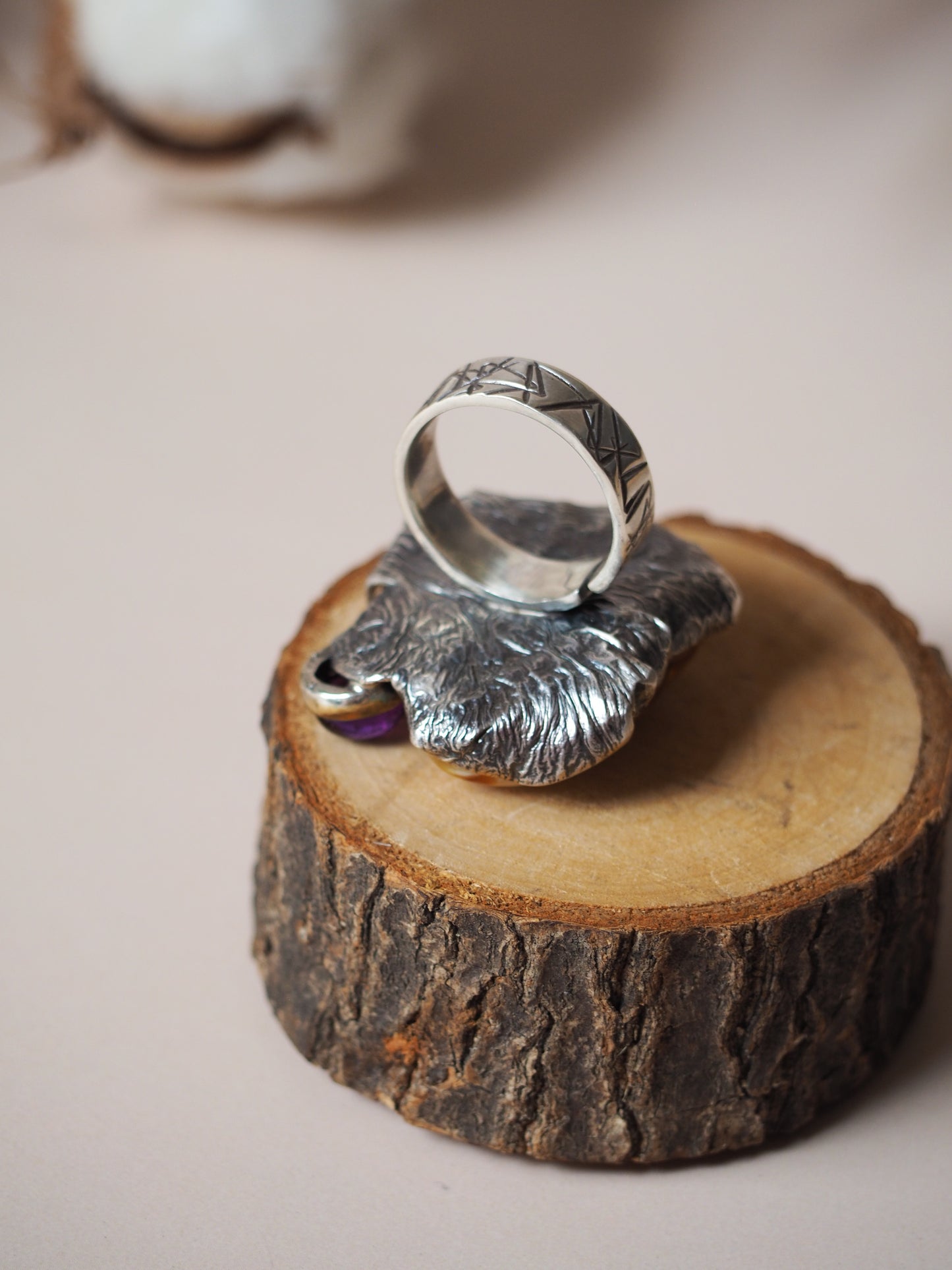 Big Natural White Amber Ring with Antique Silver