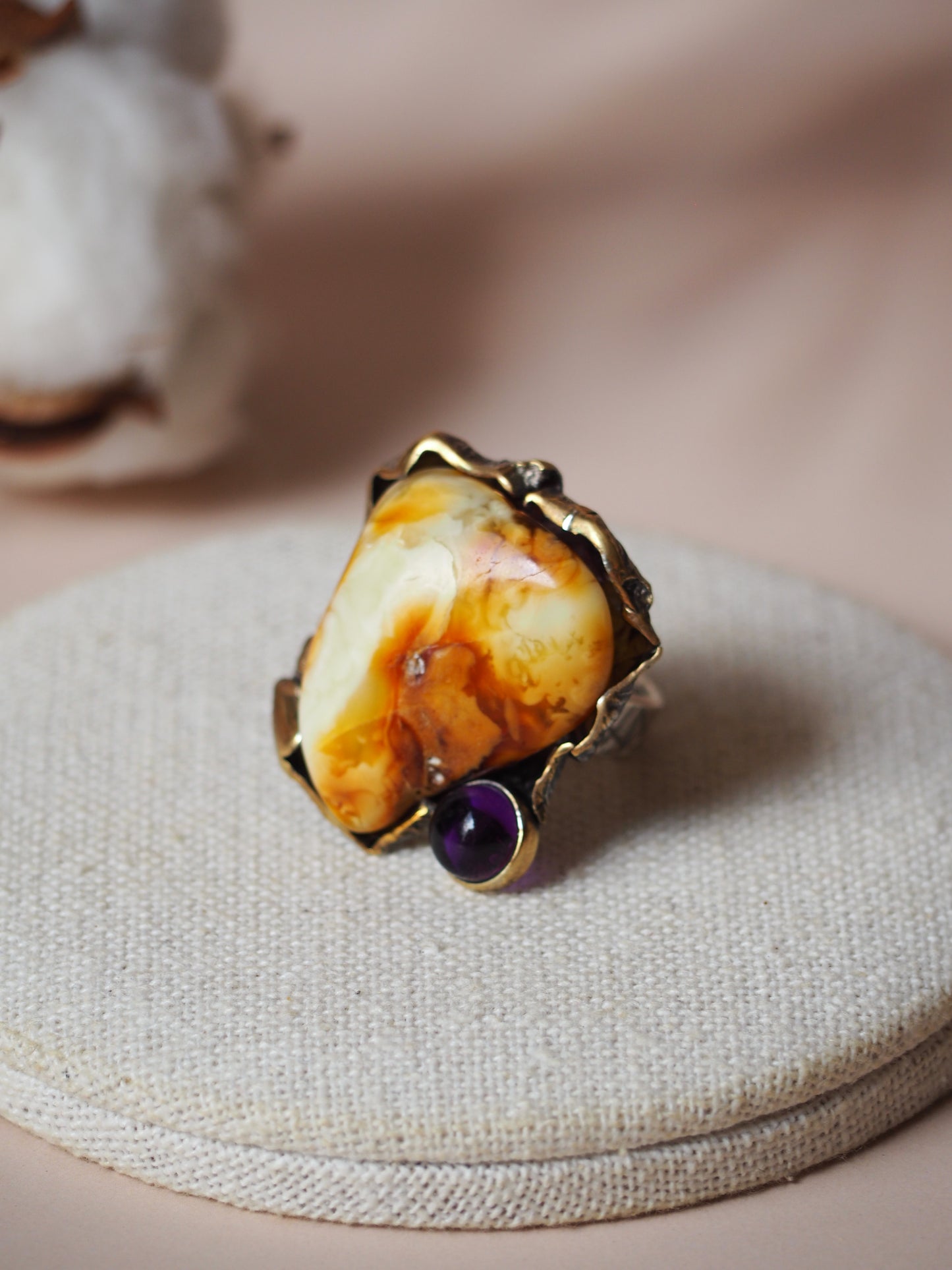 Big Natural White Amber Ring with Antique Silver
