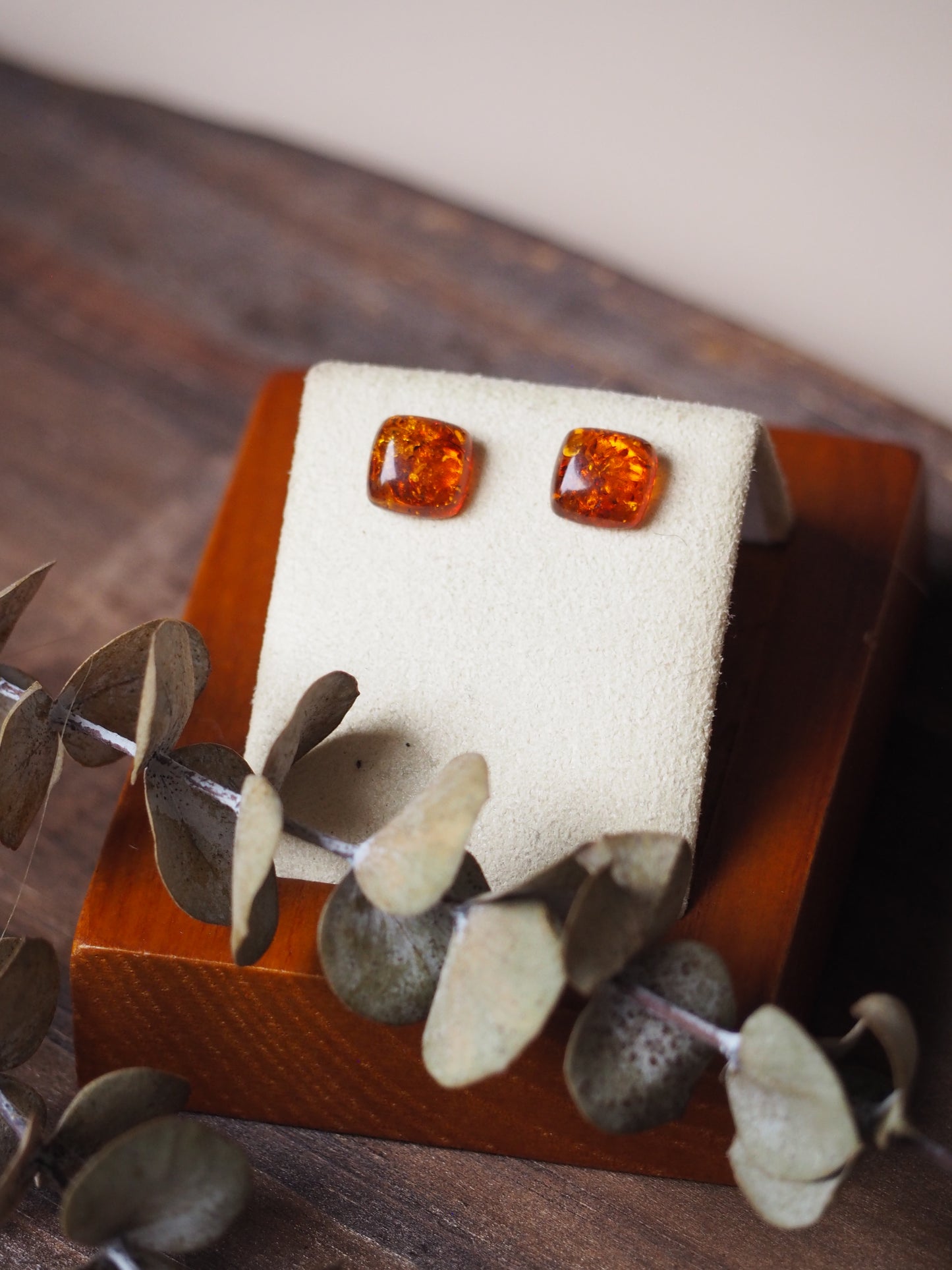 Square Cognac Amber Minimalistic Earrings + Silver925