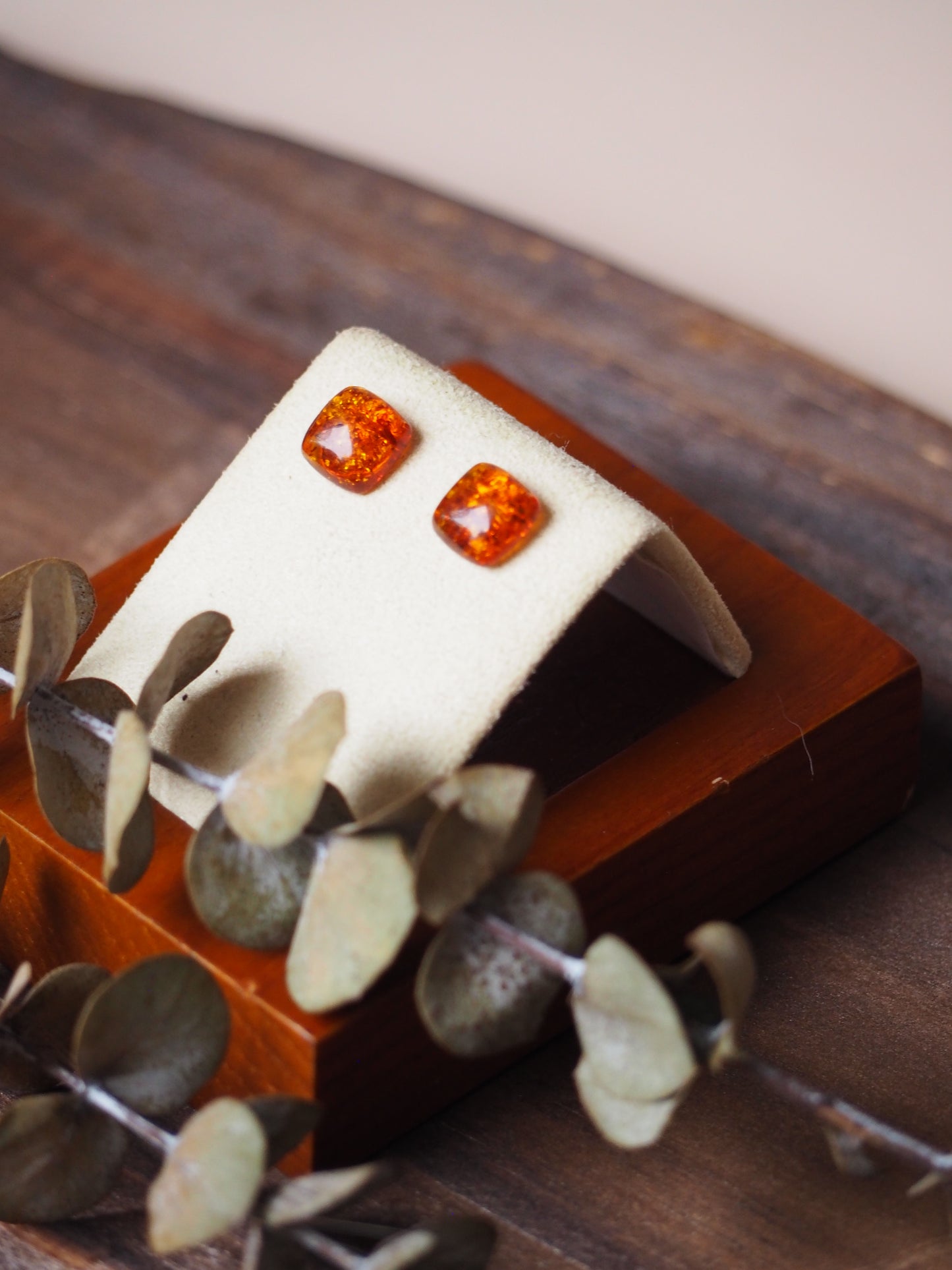 Square Cognac Amber Minimalistic Earrings + Silver925