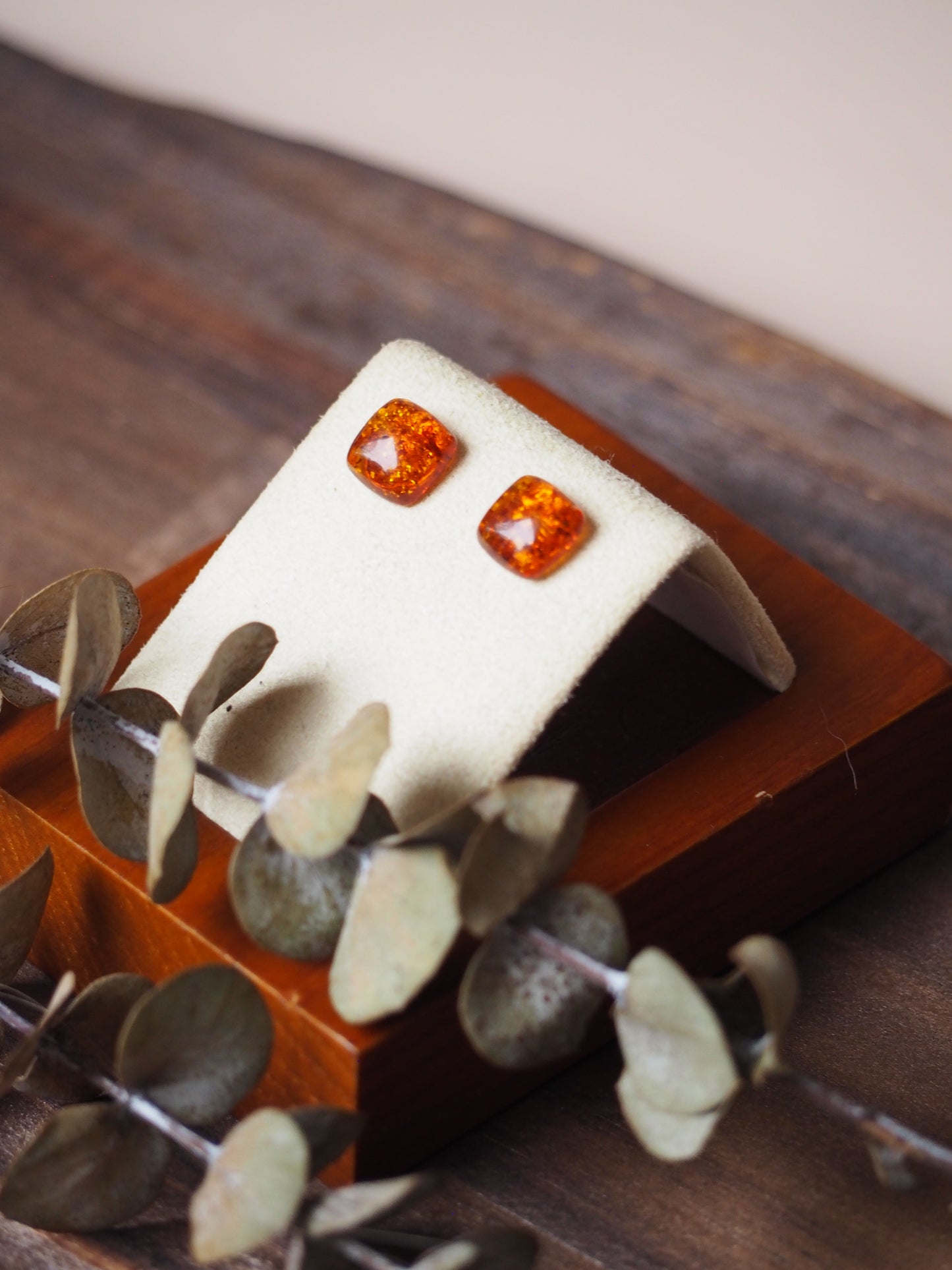Square Cognac Amber Minimalistic Earrings + Silver925