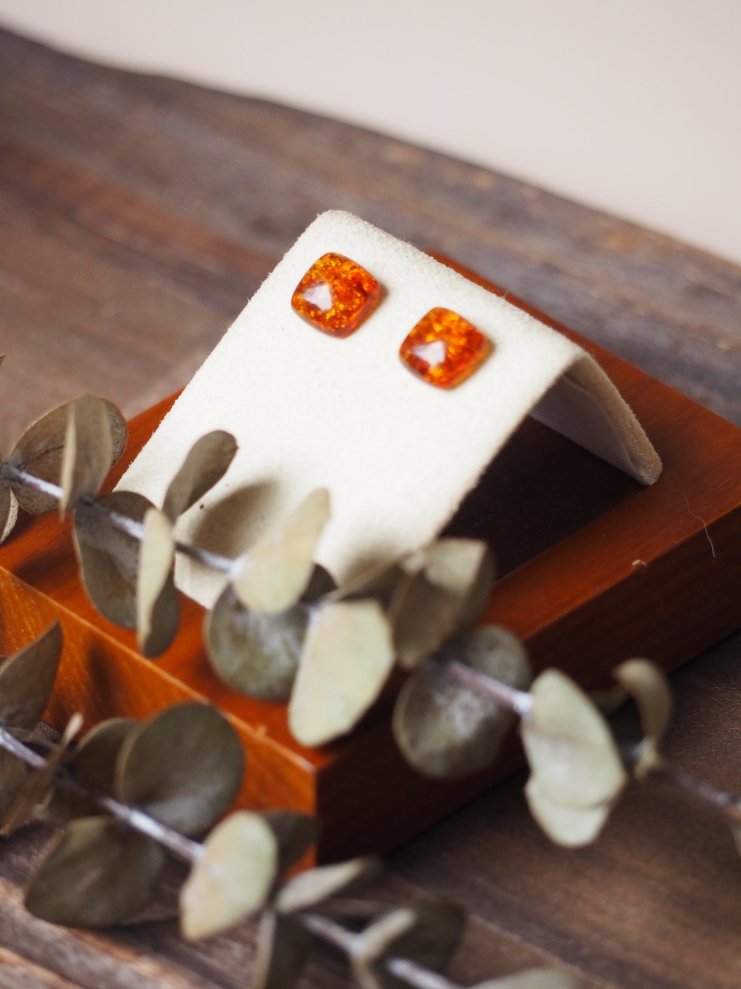 Square Cognac Amber Minimalistic Earrings + Silver925