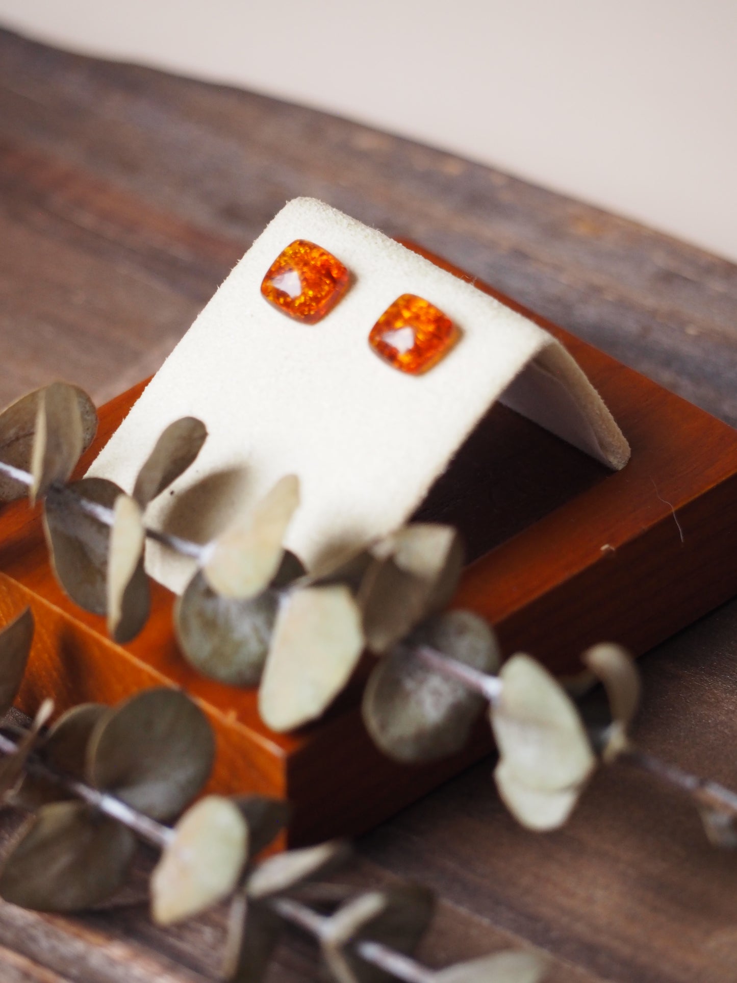 Square Cognac Amber Minimalistic Earrings + Silver925