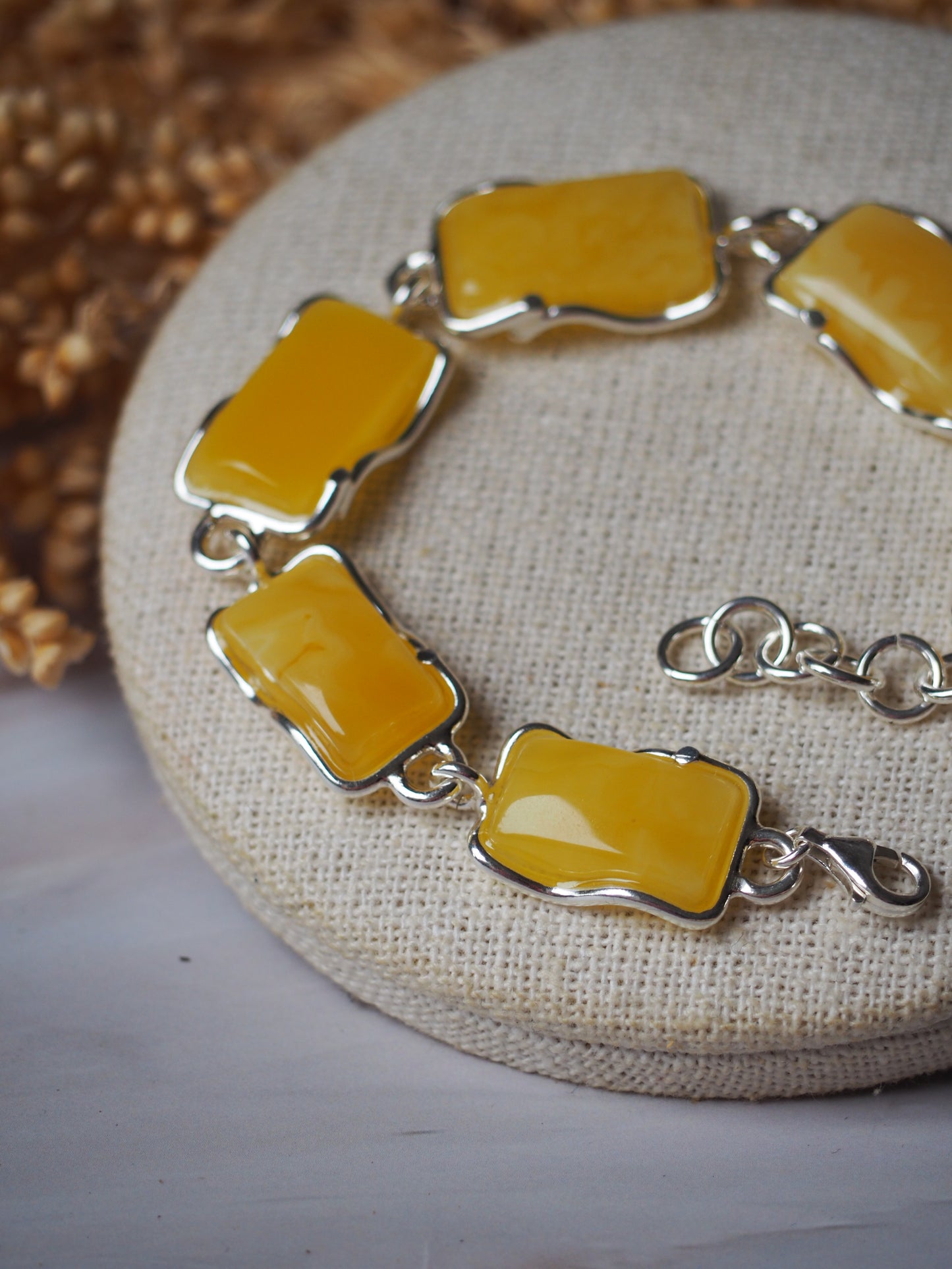Natural Butterscotch Amber Rectangular Bracelet in Silver