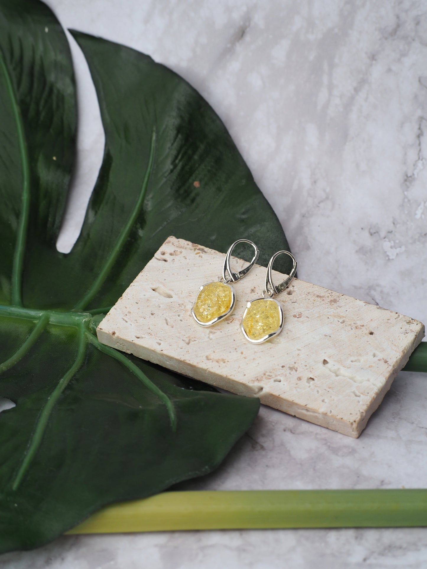 Citron Amber Drop Earrings in Silver