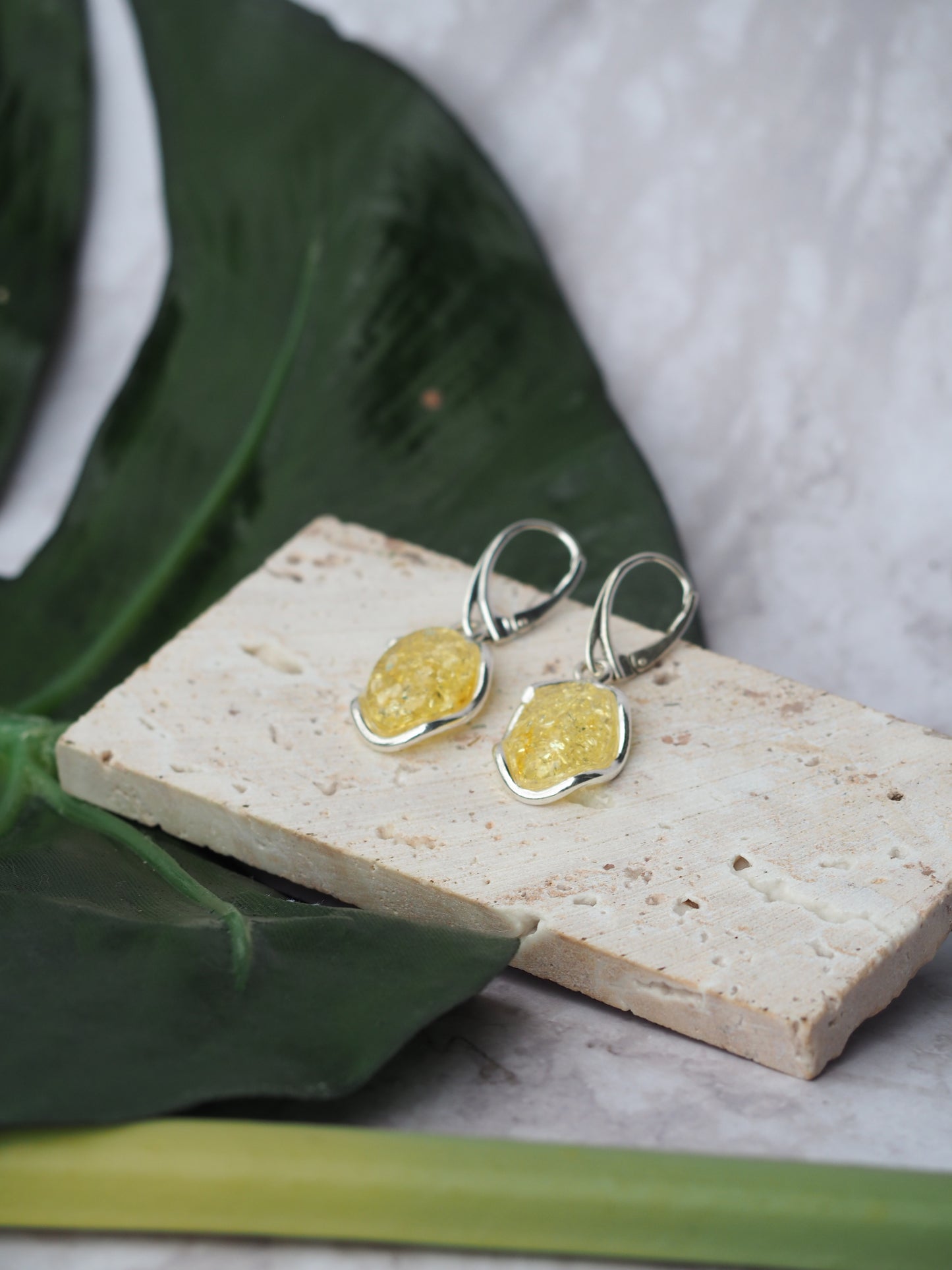 Citron Amber Drop Earrings in Silver