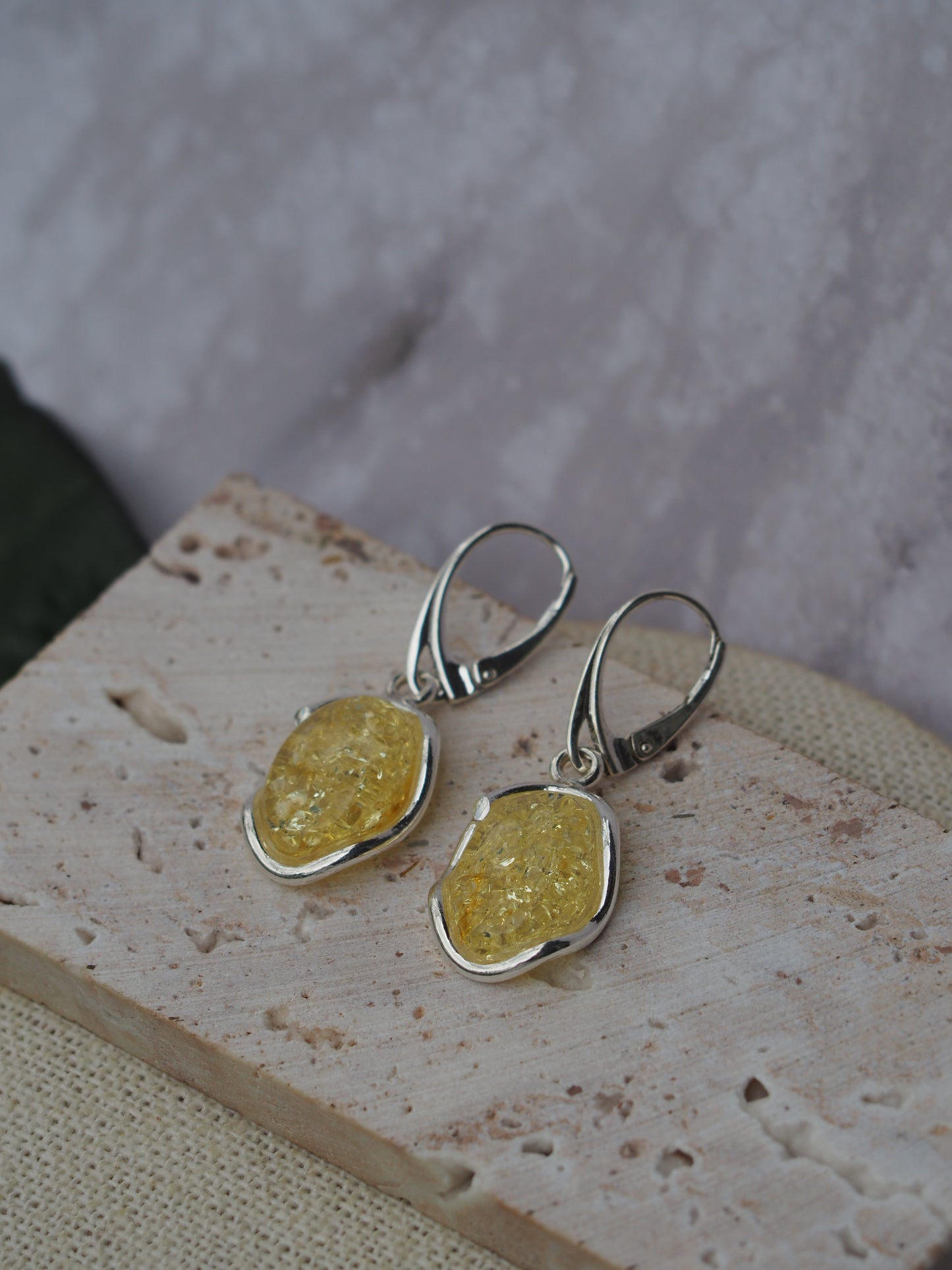 Citron Amber Drop Earrings in Silver